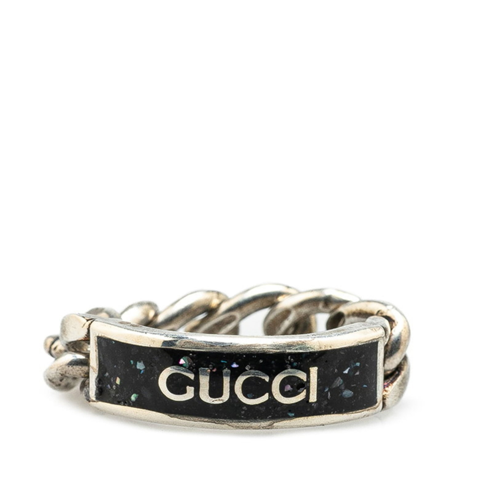 Gucci ring band silver 925: Gucci ring band silver 925 Silver Gucci ring band, made from 925 sterling silver, features a sleek black finish and a slim profile. The band measures 6.6mm in width and weighs approximately 8.1g. This