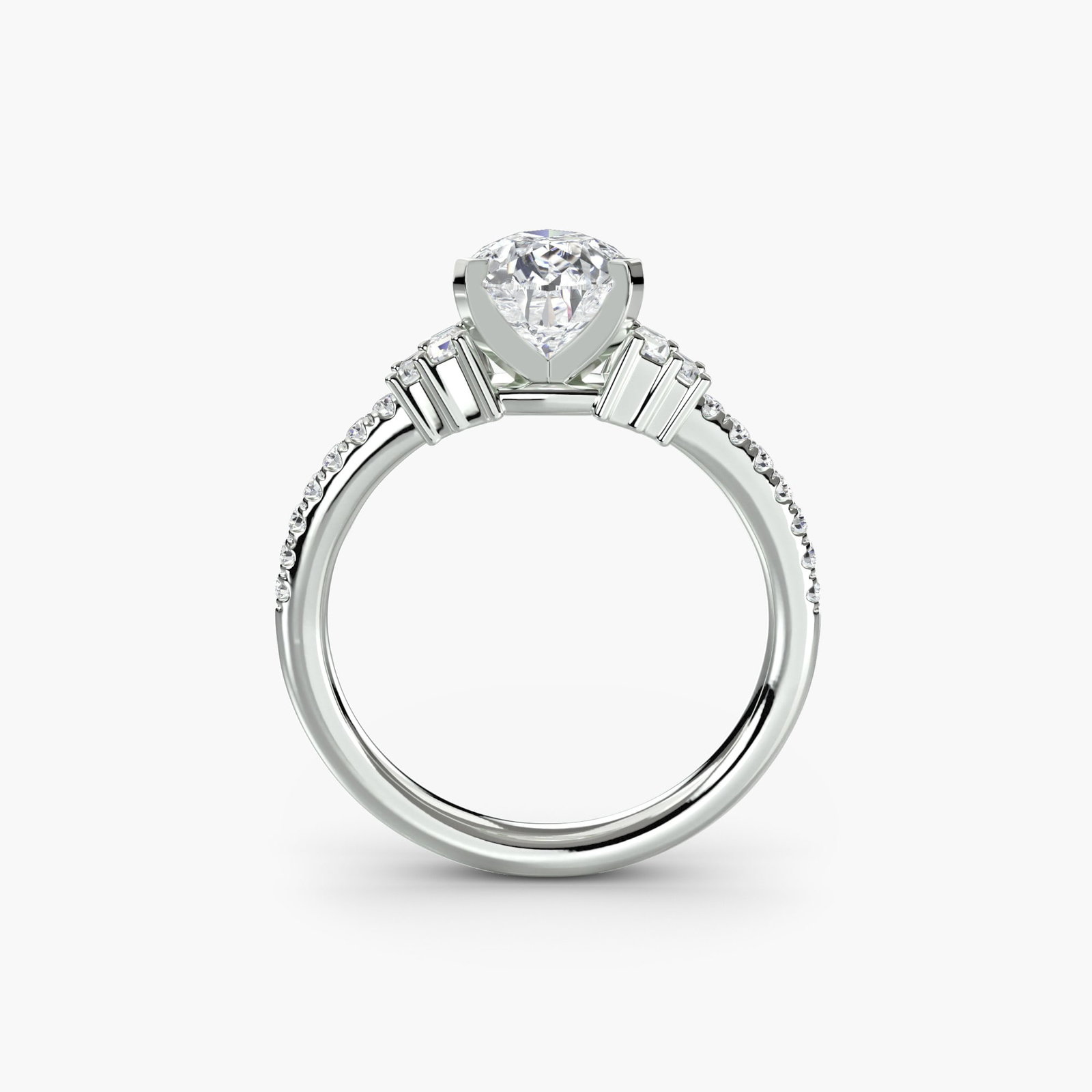 Pave Pear 18Kt White Gold Ring Setting: Pave Pear 18Kt White Gold Ring Setting 18Kt White Gold Pave Pear Ring Setting. This elegant ring setting features 18 pave stones, totaling 0.26 carats, on a slender pear-shaped band with a width of 2.