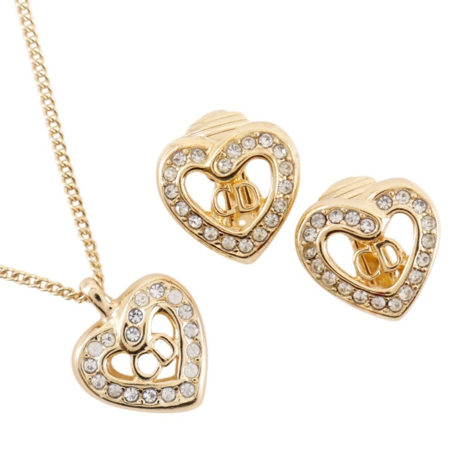 Christian Dior Cd Heart Necklace And Earrings Set Gold Plated With Rhinestones Design Approx. 5.3G: Christian Dior Cd Heart Necklace And Earrings Set Gold Plated With Rhinestones Design Approx. 5.3G Gold Plated Christian Dior Cd Heart Necklace And Earrings Set Features Rhinestones, Available In A Si