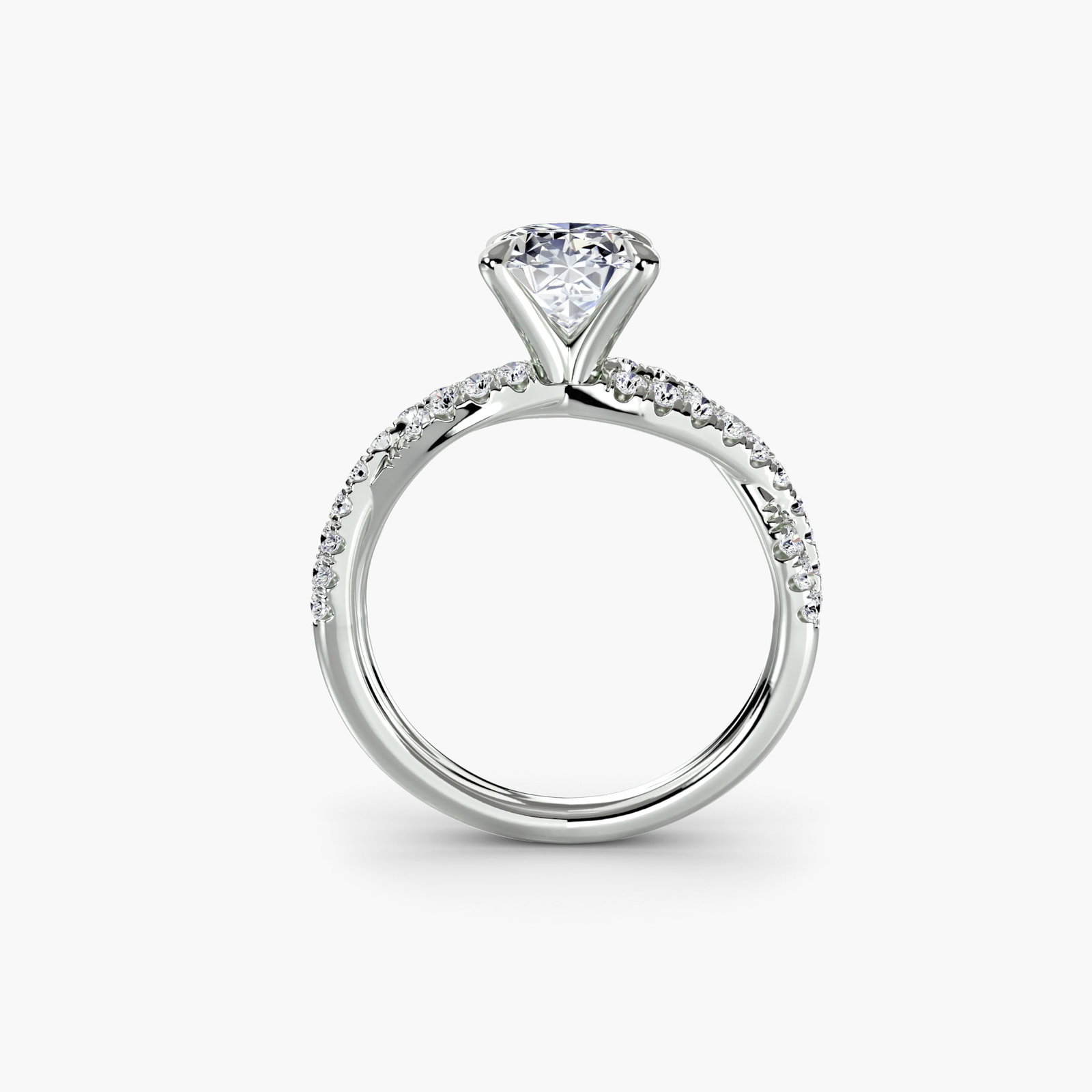 Pave Oval 18Kt White Gold Ring Setting: Pave Oval 18Kt White Gold Ring Setting 18Kt White Gold Oval Ring Setting with Pave Details. This pave oval ring setting features 34 side stones totaling 0.381 carats, adding a touch of elegance to any