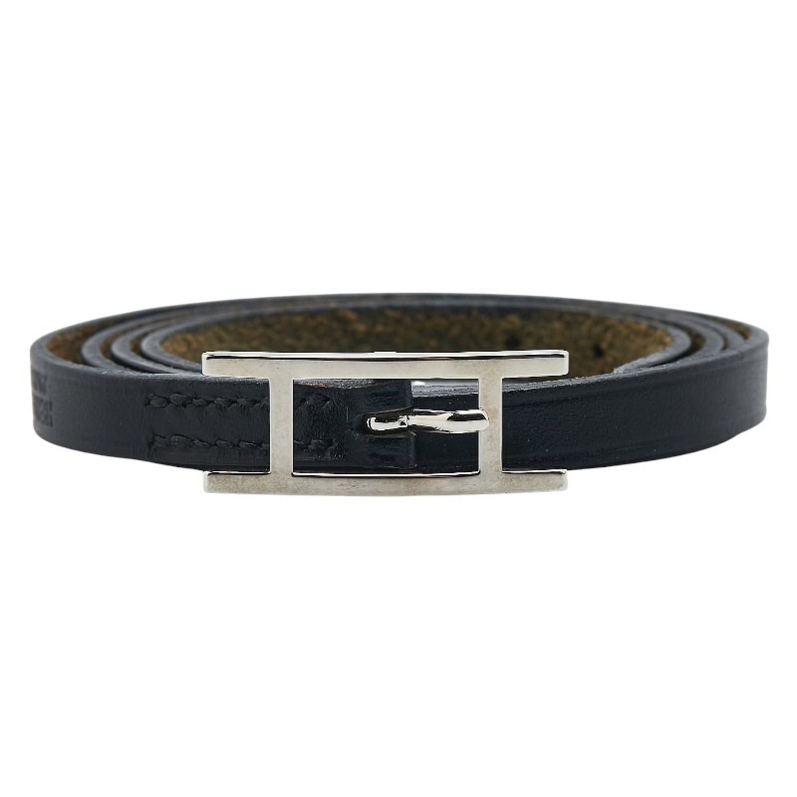 Hermes Charm Bracelet Leather: Hermes Charm Bracelet Leather Black leather charm bracelet from Hermes, measuring 74.5cm in length, with traces of usage and minor scratches visible. The item bears a signature but details on the