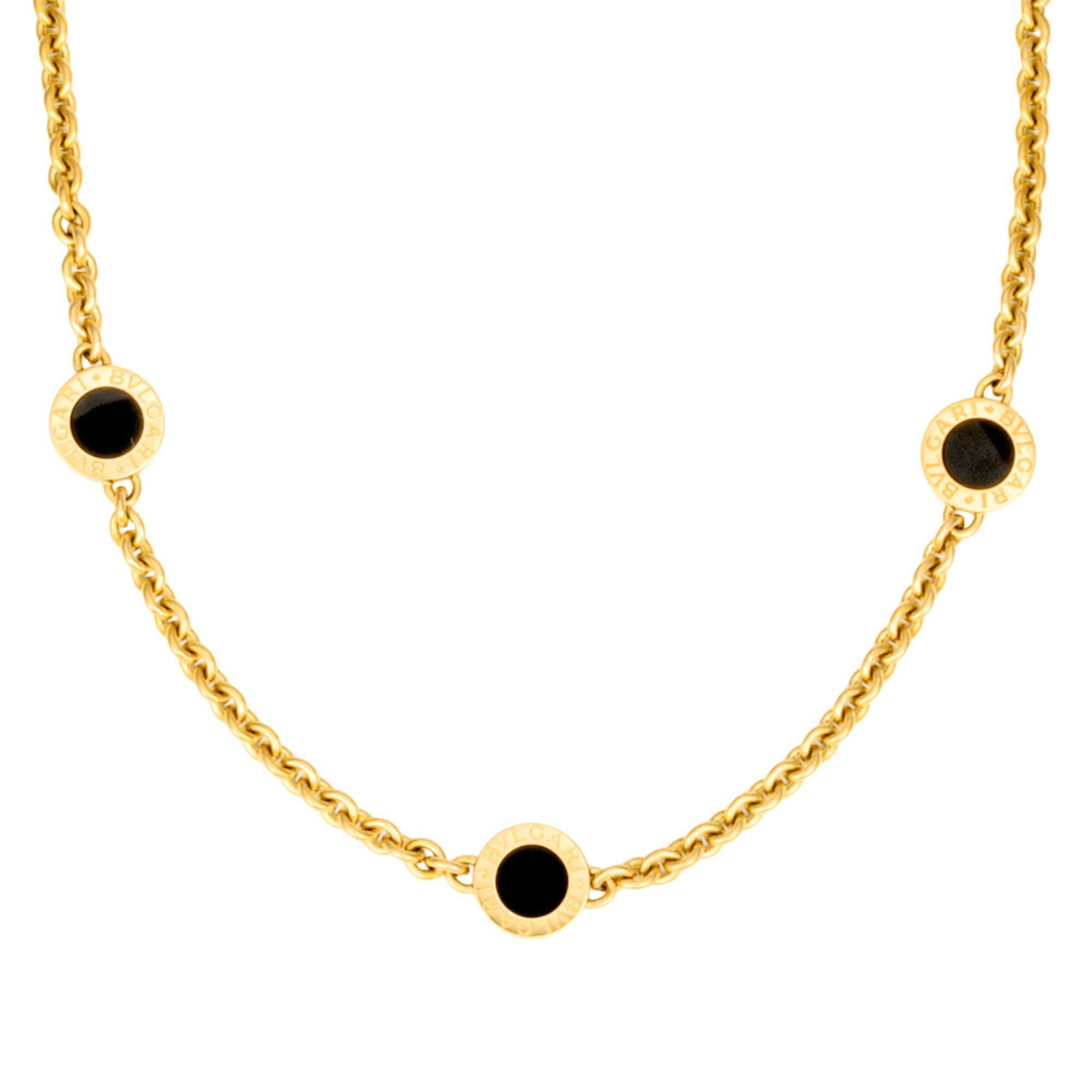 Bvlgari Onyx Necklace In 18Kyg Yellow Gold (20.6G): Bvlgari Onyx Necklace In 18Kyg Yellow Gold (20.6G) 18K yellow gold Bvlgari onyx necklace in excellent condition, featuring a striking design with a few traces of usage and minor scratches. The