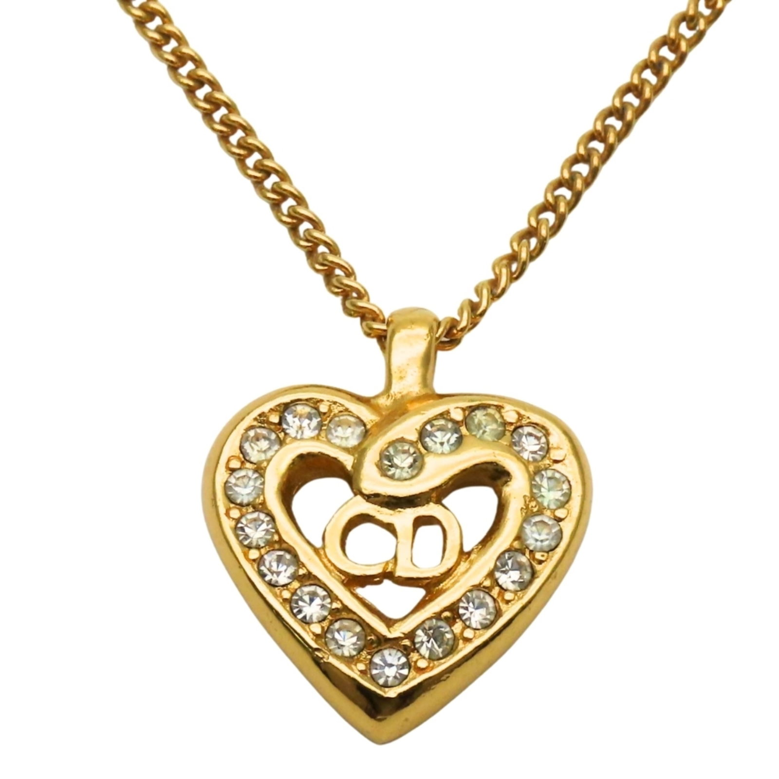 Women's Gold Rhinestone Heart Logo Necklace Christian Dior: Women's Gold Rhinestone Heart Logo Necklace Christian Dior Gold Plating, Metal, and Rhinestone details adorn the Women's Christian Dior Necklace. The necklace features a heart logo pendant with a