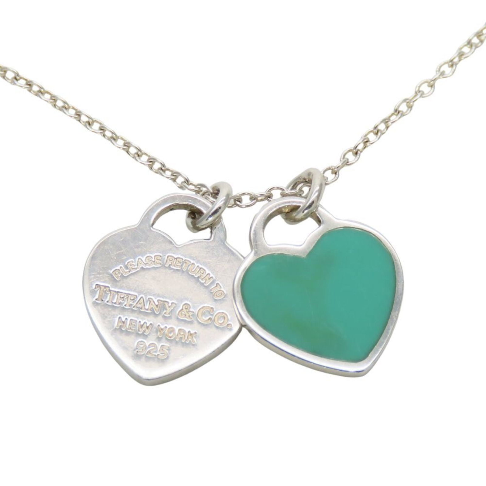 Tiffany & Co. Return To Double Heart Necklace Sterling Silver 925 Blue Mini Pendant Women'S.: Tiffany & Co. Return To Double Heart Necklace Sterling Silver 925 Blue Mini Pendant Women'S. Sterling silver necklace featuring a miniature blue pendant from Tiffany & Co., showcasing the iconic Doubl