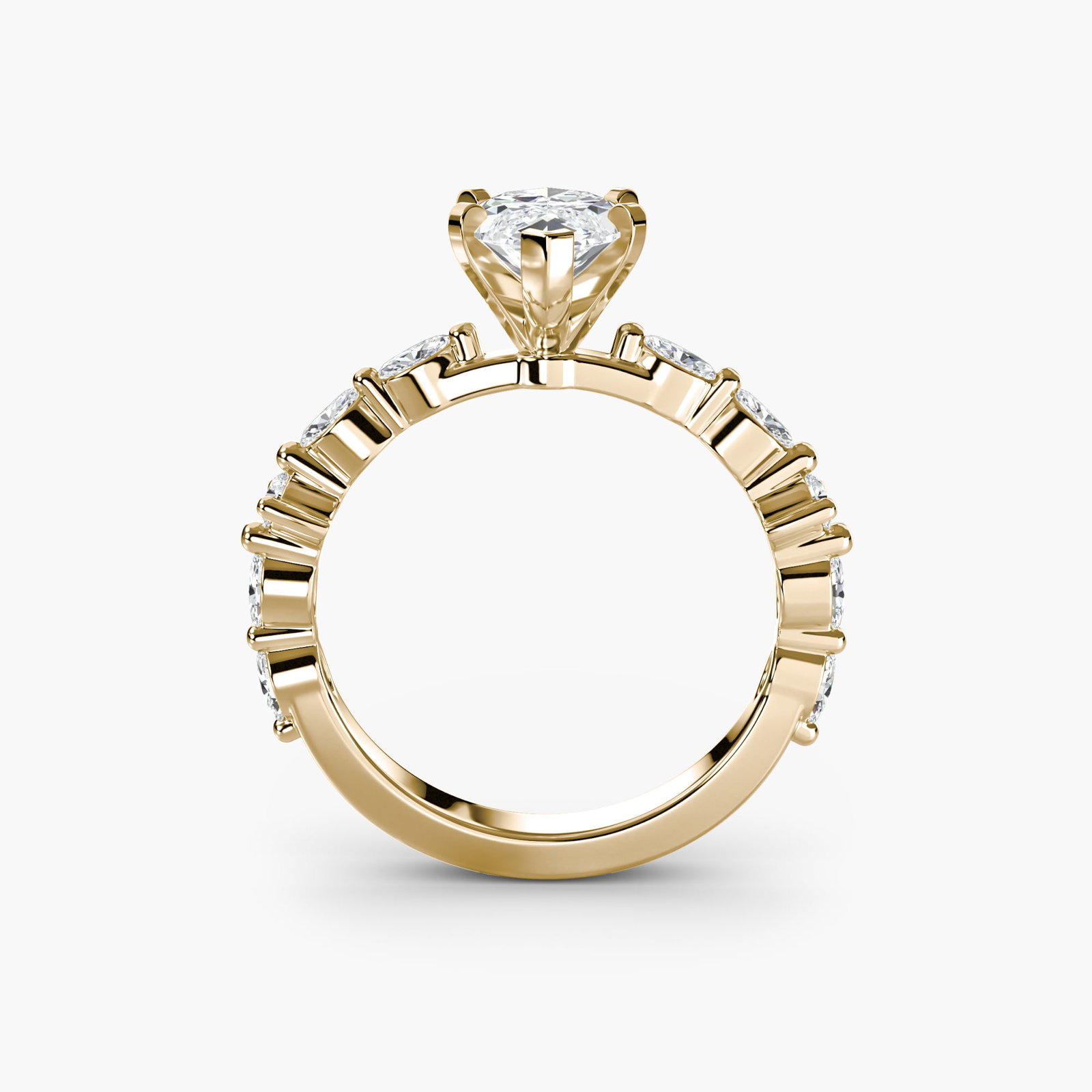 Pave Marquise 18Kt Yellow Gold Ring Setting: Pave Marquise 18Kt Yellow Gold Ring Setting Pave marquise 18Kt yellow gold ring setting, featuring 10 side stones totaling 0.32 carats in EF/VS lab-grown color and clarity. The 4.2 carat metal weight