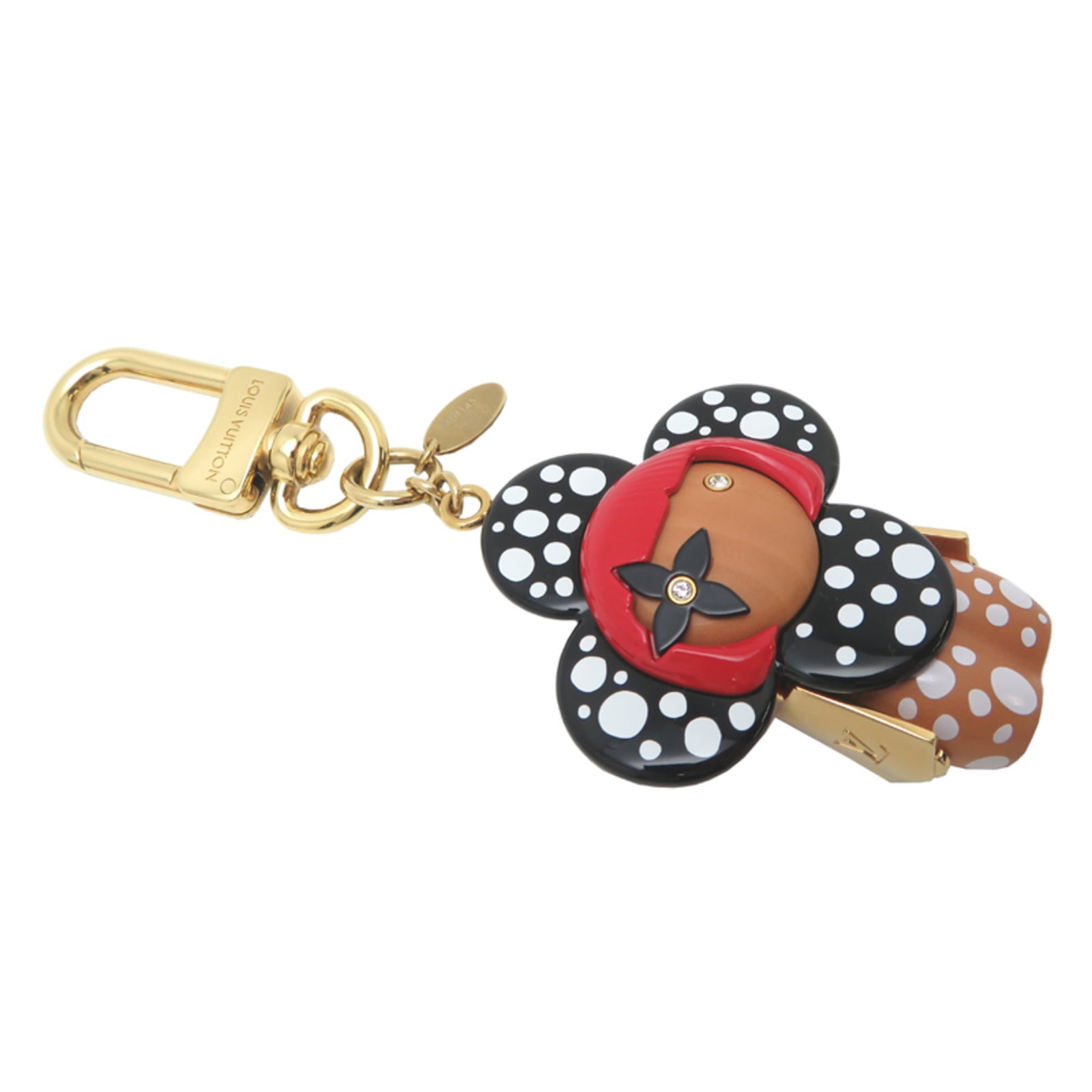 Metal plastic wood Louis handbag vuitton charm: Metal plastic wood Louis handbag vuitton charm Metal, plastic, and wood Louis Vuitton handbag charm in multi-color design. The used item bears some scratches and dirt but remains in very good conditio