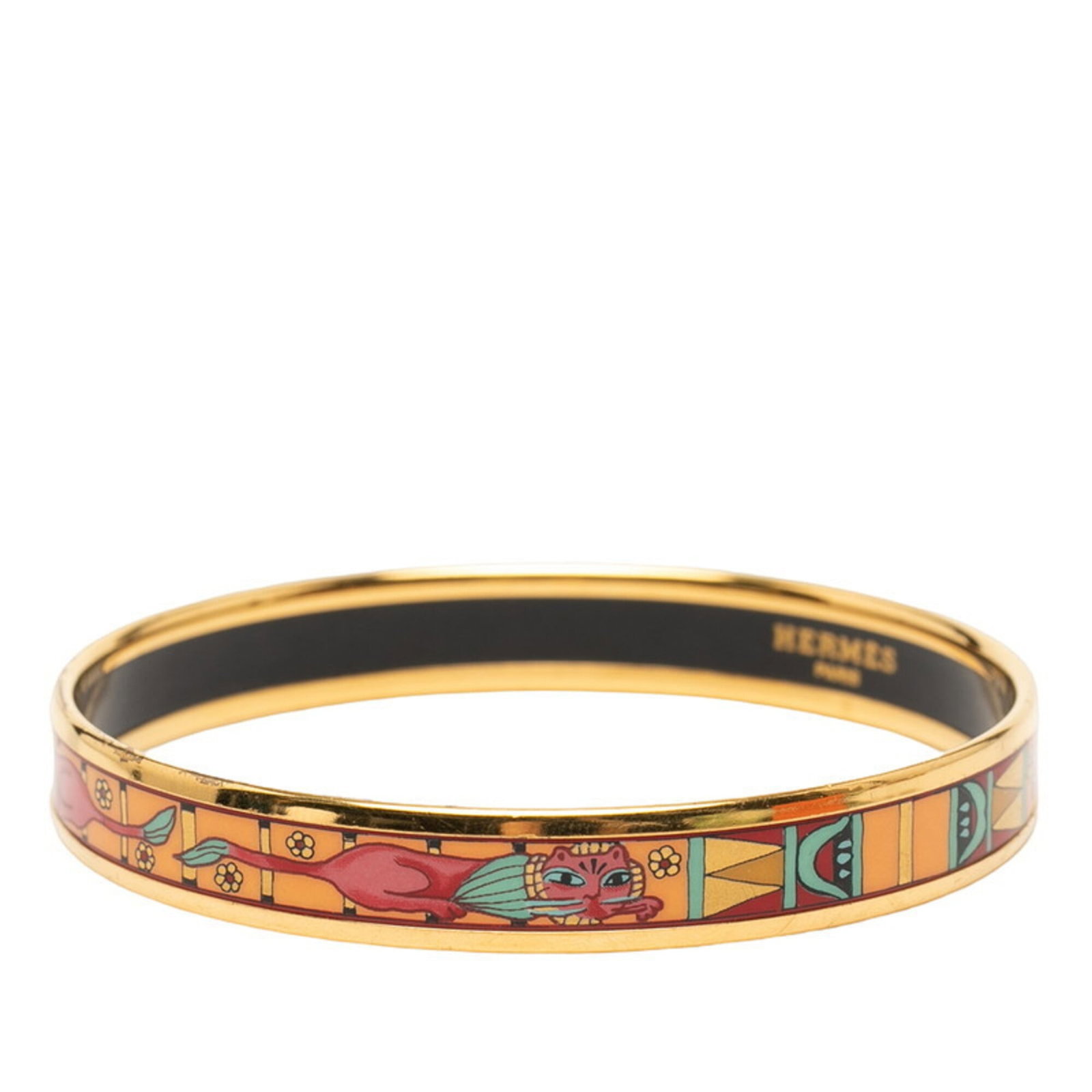 Hermes Bangle: Hermes Bangle Gold and multi-color details adorn the Hermes bangle, measuring 19cm in length. The item bears traces of usage, with minor scratches and dirt visible, but remains in good condition overa