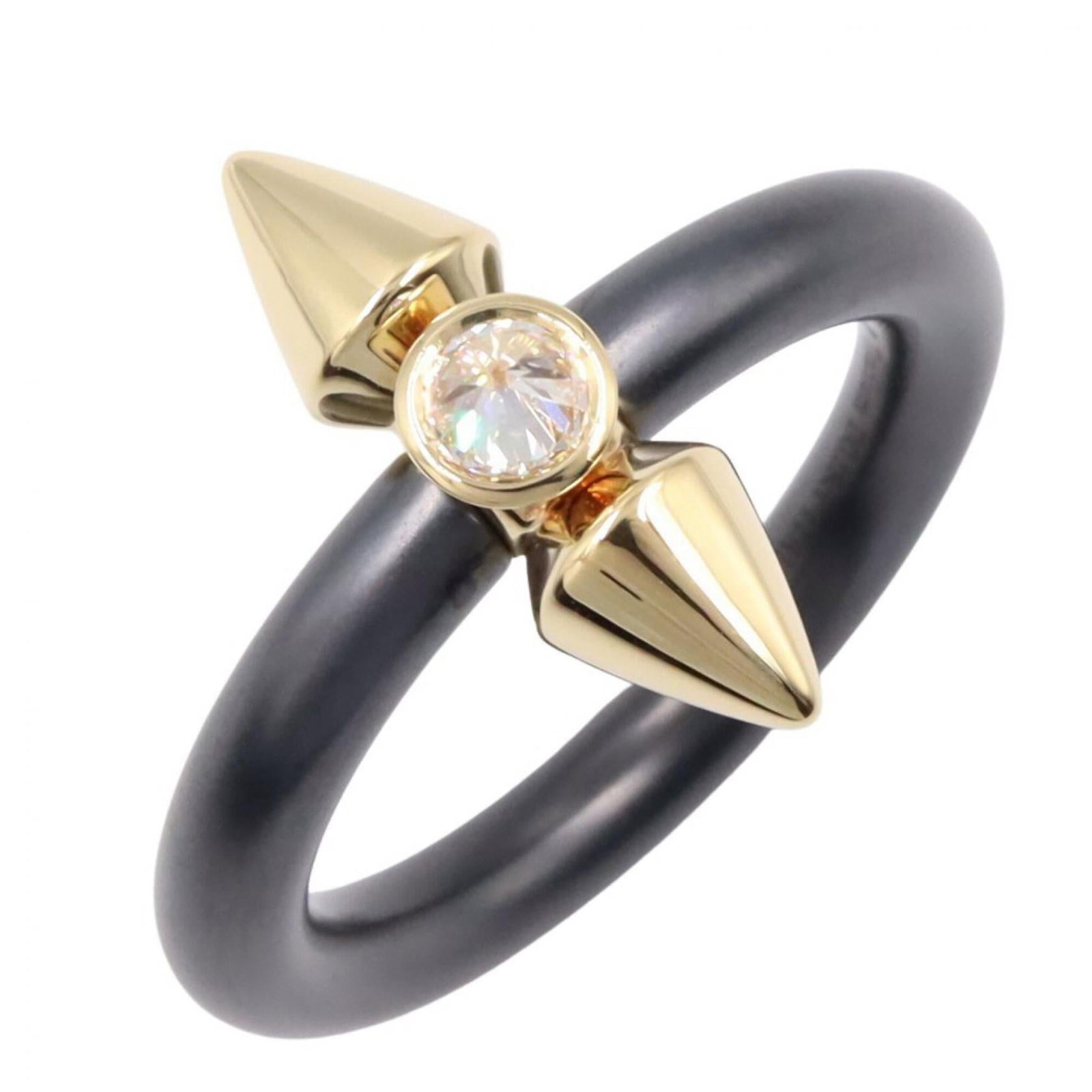 Tiffany Ring Gold Yellow 18K: Tiffany Ring Gold Yellow 18K Yellow gold band ring with clear and black diamonds, crafted from 18K yellow gold. The ring bears a few traces of usage, some scratches and dirt can be seen, but overall r