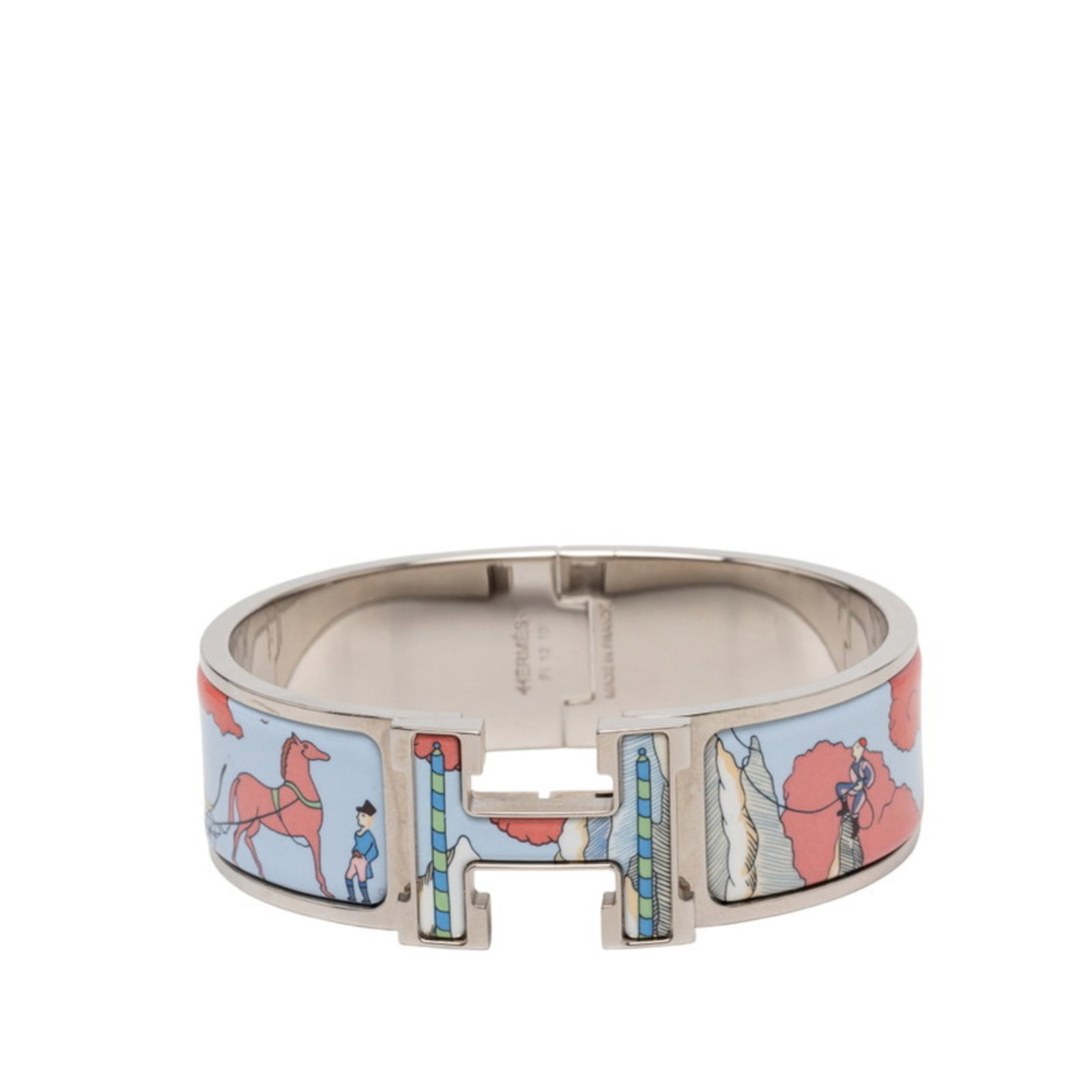 Metal bracelet charm by Hermes: Metal bracelet charm by Hermes This Hermes metal bracelet charm boasts a striking blue and multi-color design, set against a silver background. The 17cm length provides a versatile fit for everyday