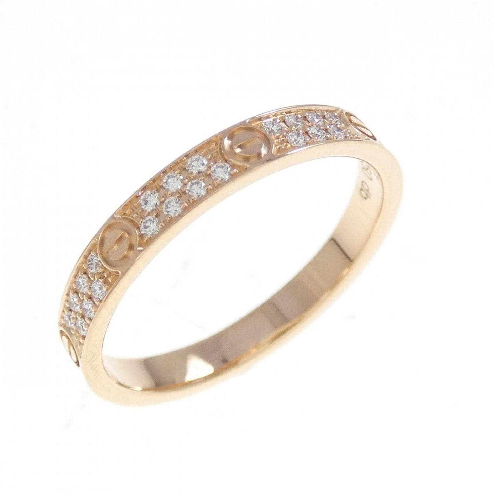 Pink gold 18k ring band from Cartier: Pink gold 18k ring band from Cartier Pink gold 18k Cartier ring band with diamond stone, available in US size 5. This used band features some scratches and dirt, but remains in very good condition. A 