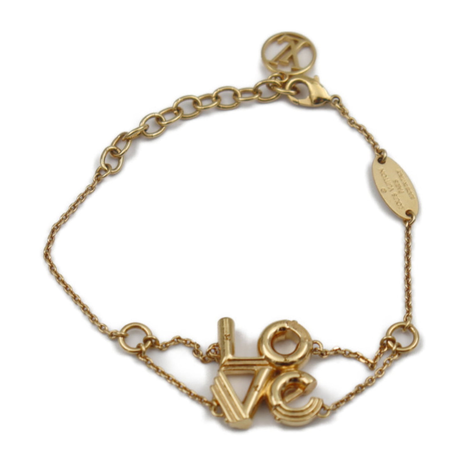 Charm of Louis Vuitton Metal: Charm of Louis Vuitton Metal This Louis Vuitton metal charm bracelet features a gold finish and measures between 15cm to 18.5cm in length, with a total length of 19.5cm. The bracelet has some traces o