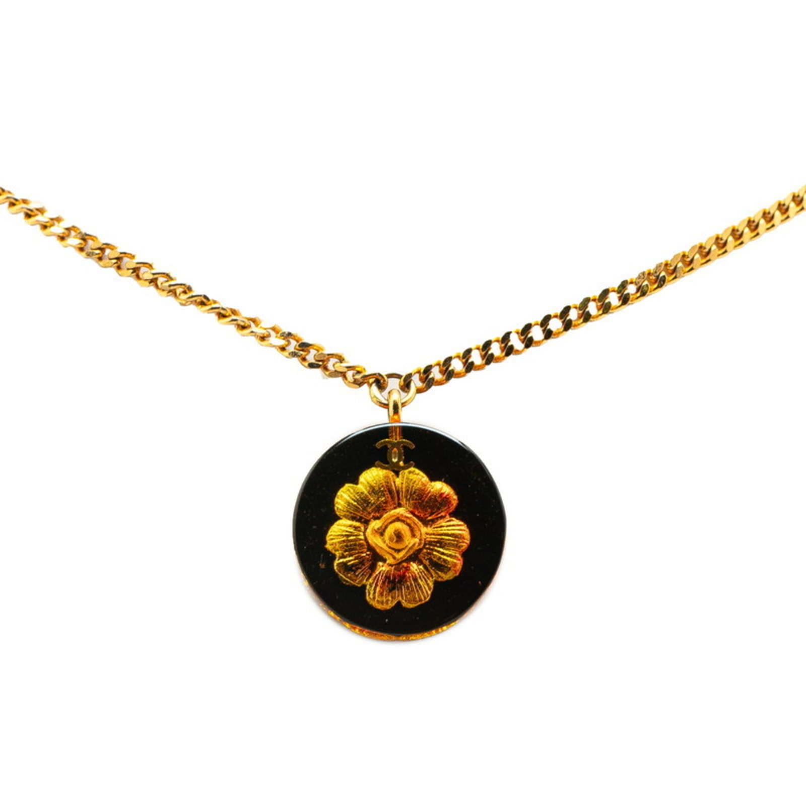 Women's Round Camellia Necklace Gold Plated Plastic: Women's Round Camellia Necklace Gold Plated Plastic Gold plated plastic camellia pendant on a gold-plated chain, measuring 40 cm in circumference. The necklace features a 20.1mm x 20.1mm round
