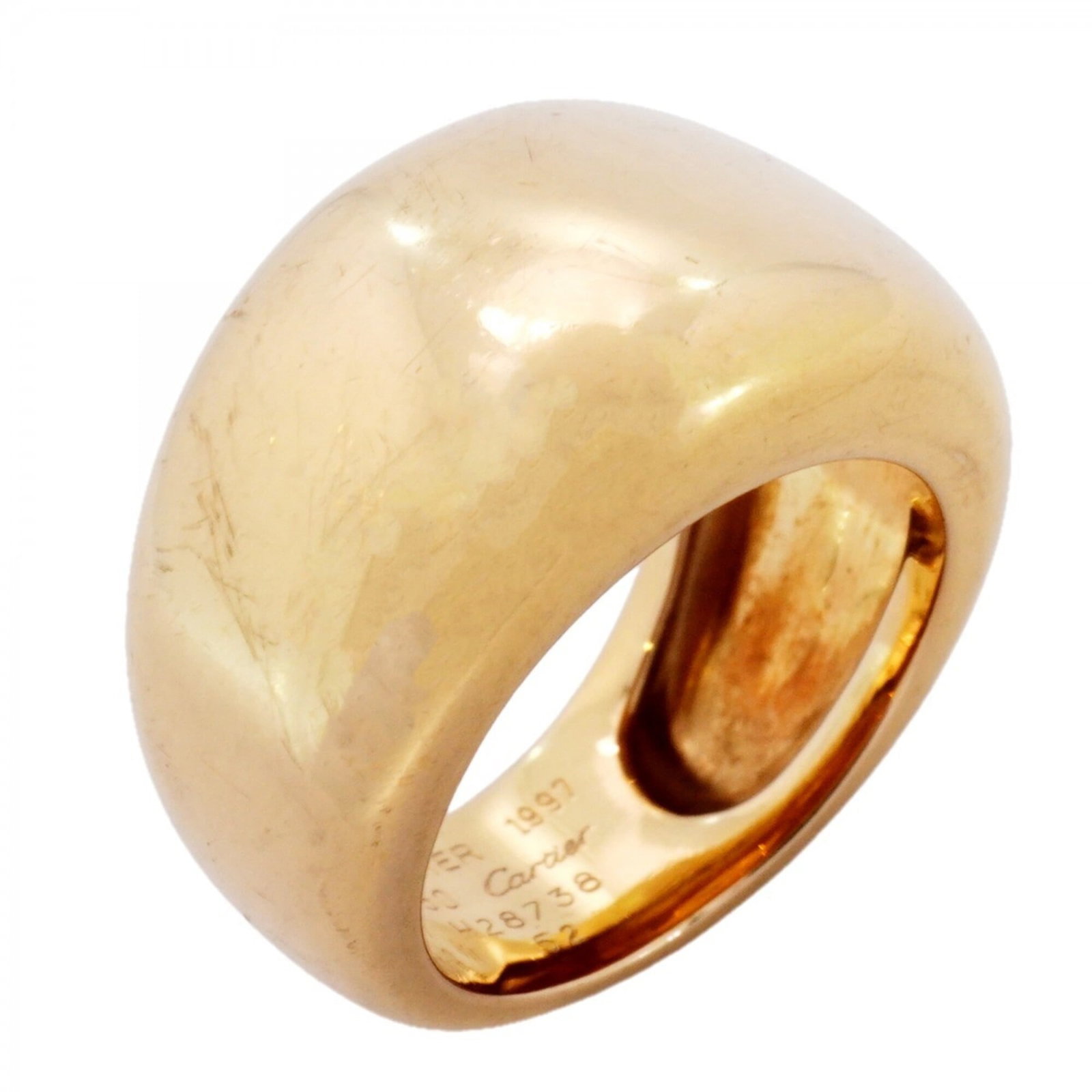 Yellow Gold Ring 18K Cartier: Yellow Gold Ring 18K Cartier Yellow Gold Ring 18K Cartier features an 18k yellow gold band, bearing the iconic Cartier brand. The ring has been used and shows traces of wear, with minor scratches and 
