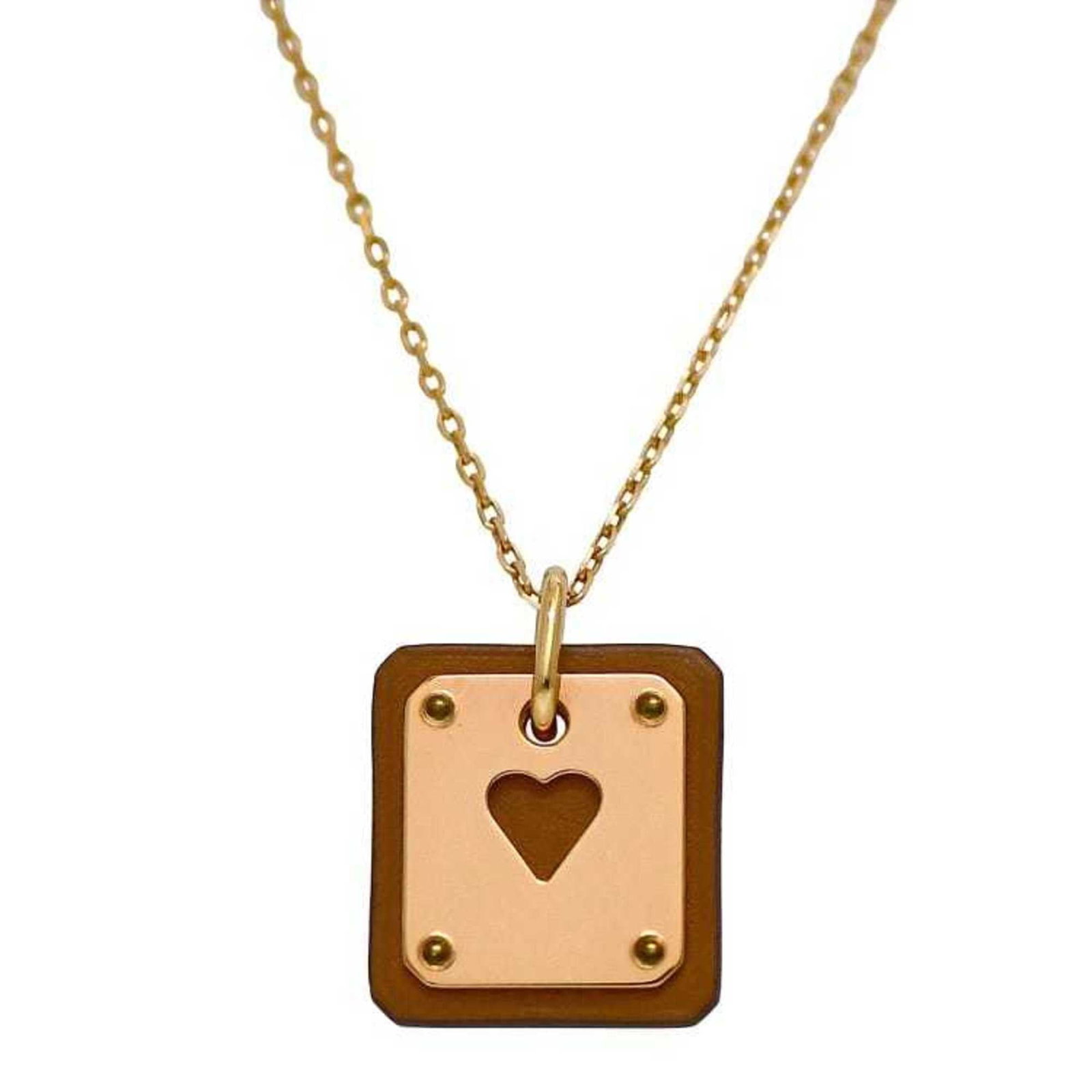 Hermes Necklace As Doucour Pm F-22434 Pink Gold Brown Ace Of Hearts Heart Gp Leather Swift Y Stamp: Hermes Necklace As Doucour Pm F-22434 Pink Gold Brown Ace Of Hearts Heart Gp Leather Swift Y Stamp Gold Plated Hermes Necklace with Leather Strap and Ace of Hearts Pendant. This stylish necklace