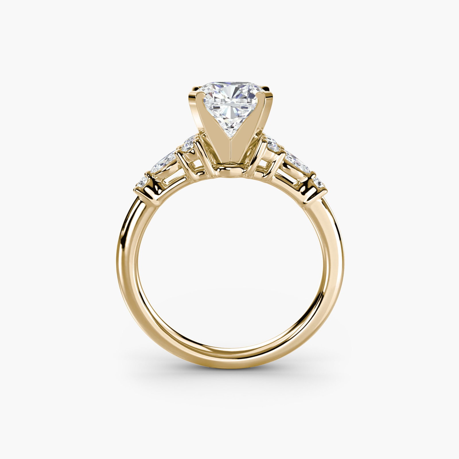 Side Stone Cushion 14Kt Yellow Gold Ring Setting: Side Stone Cushion 14Kt Yellow Gold Ring Setting Cushion ring setting crafted from 14Kt yellow gold, featuring eight side stones totaling 0.22 carats in lab-grown EF/VS color and clarity. The ring's