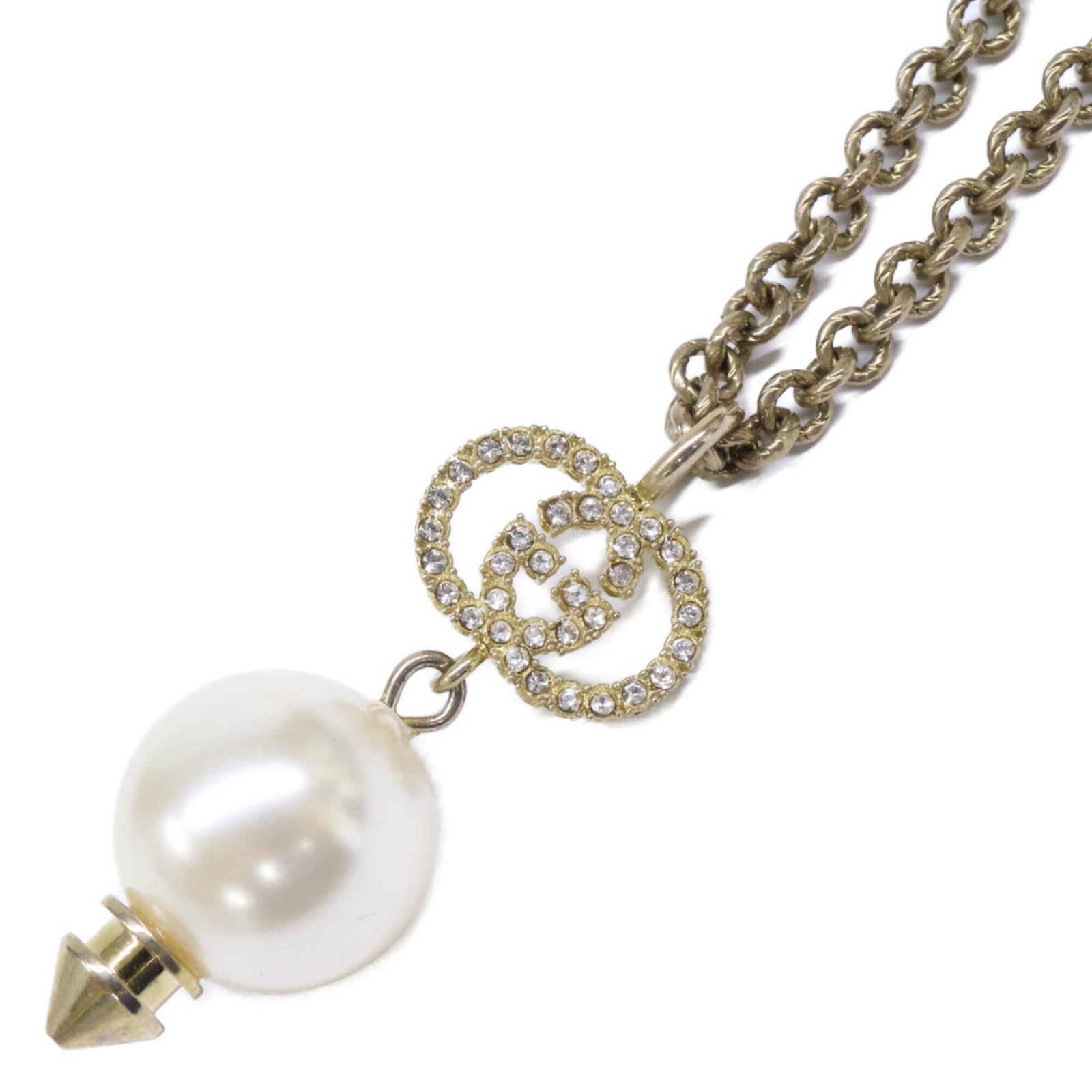 Gold Rhinestone Imitation Pearl Necklace Women's Gucci Interlocking G: Gold Rhinestone Imitation Pearl Necklace Women's Gucci Interlocking G Gold Rhinestone Imitation Pearl Necklace from Gucci Interlocking G features a gold metal chain with intricate details, adorned