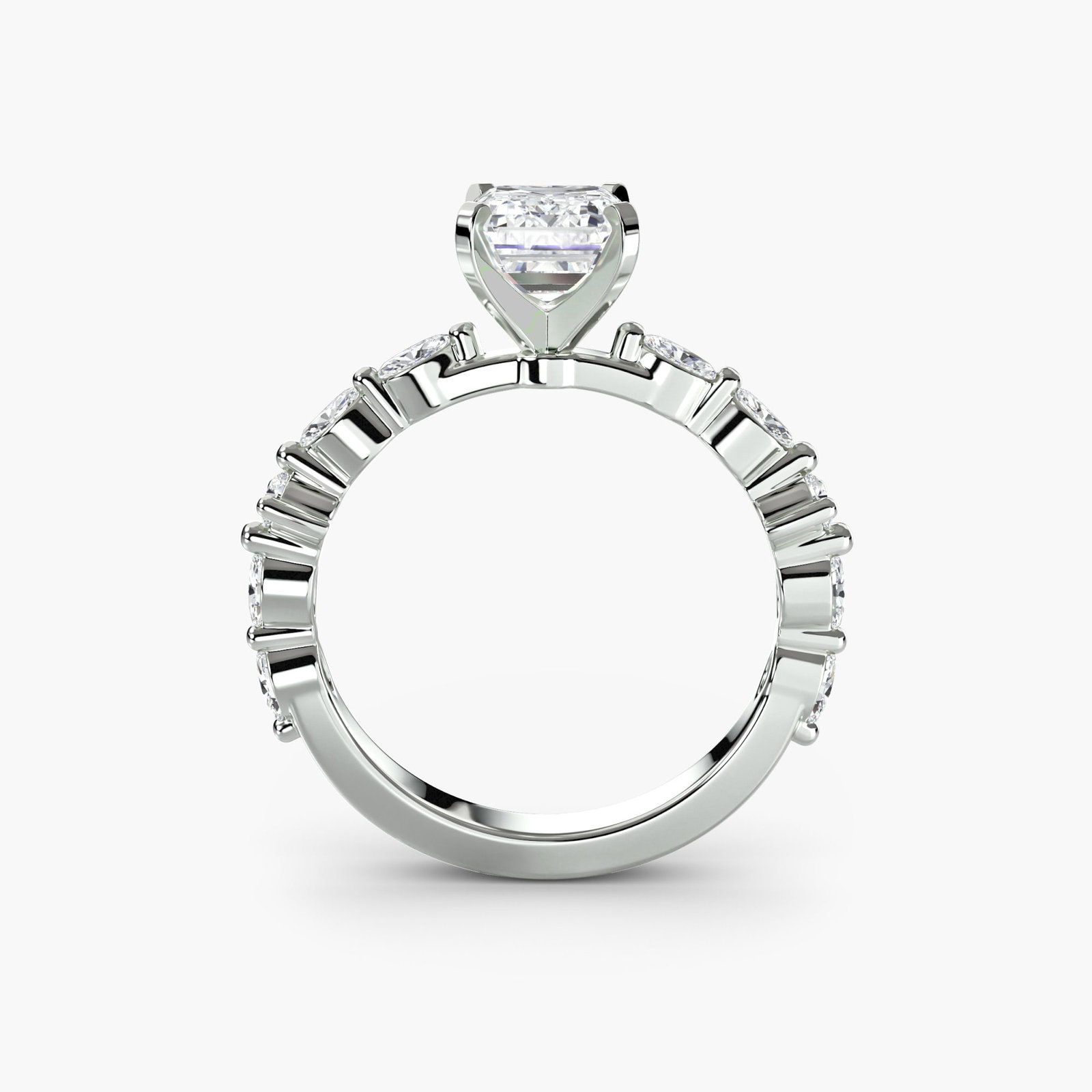 Pave Emerald 18Kt White Gold Ring Setting: Pave Emerald 18Kt White Gold Ring Setting Pave Emerald 18Kt White Gold Ring Setting features 10 lab-grown side stones totaling 0.32 carats, set in a sleek 18kt white gold band with a width of 2.5mm. T