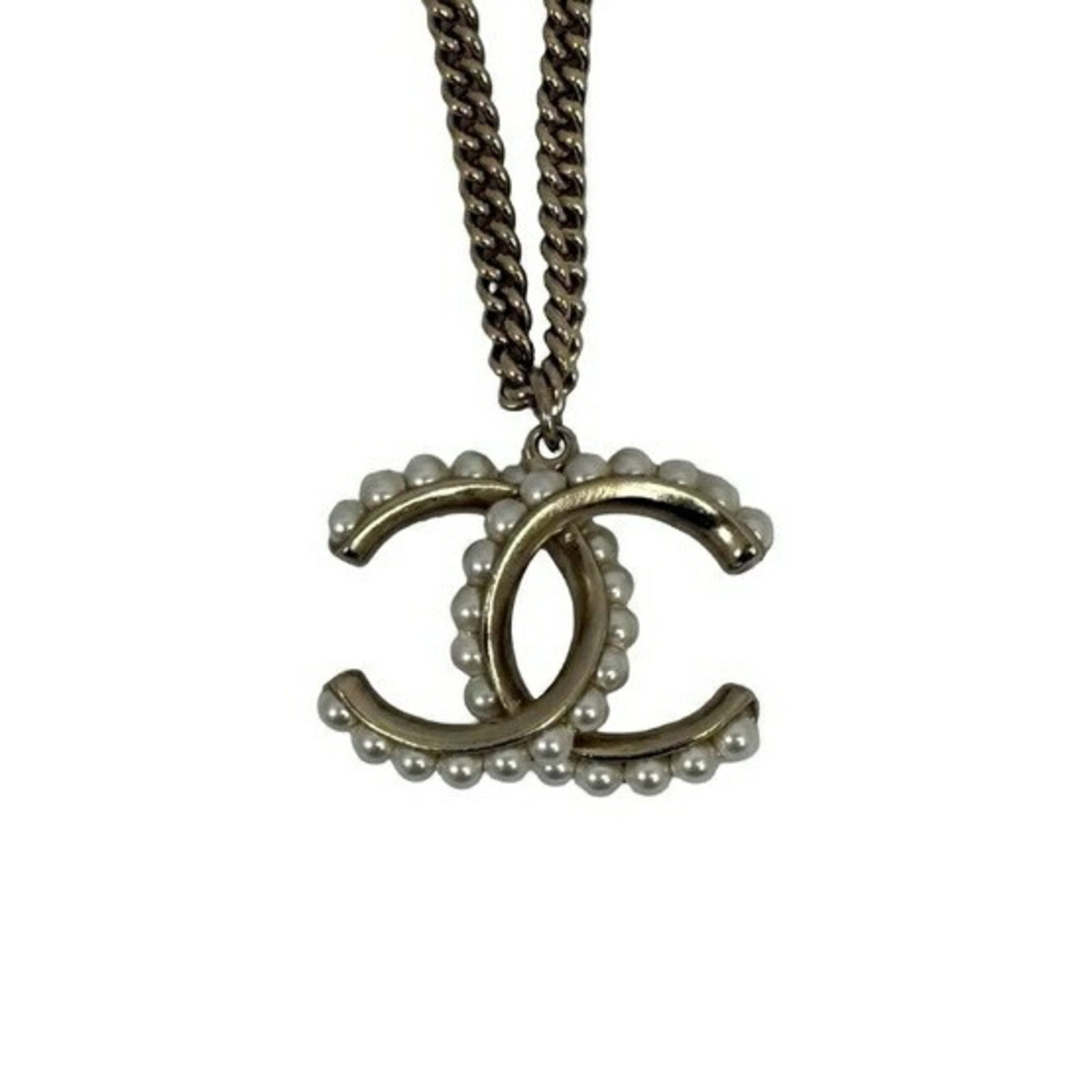 Chanel Necklace Coco Mark Champagne Gold Metal Faux Pearl For Women.: Chanel Necklace Coco Mark Champagne Gold Metal Faux Pearl For Women. Champagne gold metal faux pearl necklace from Chanel, featuring a pendant with a size of 30mm x 23mm. The necklace has a neck
