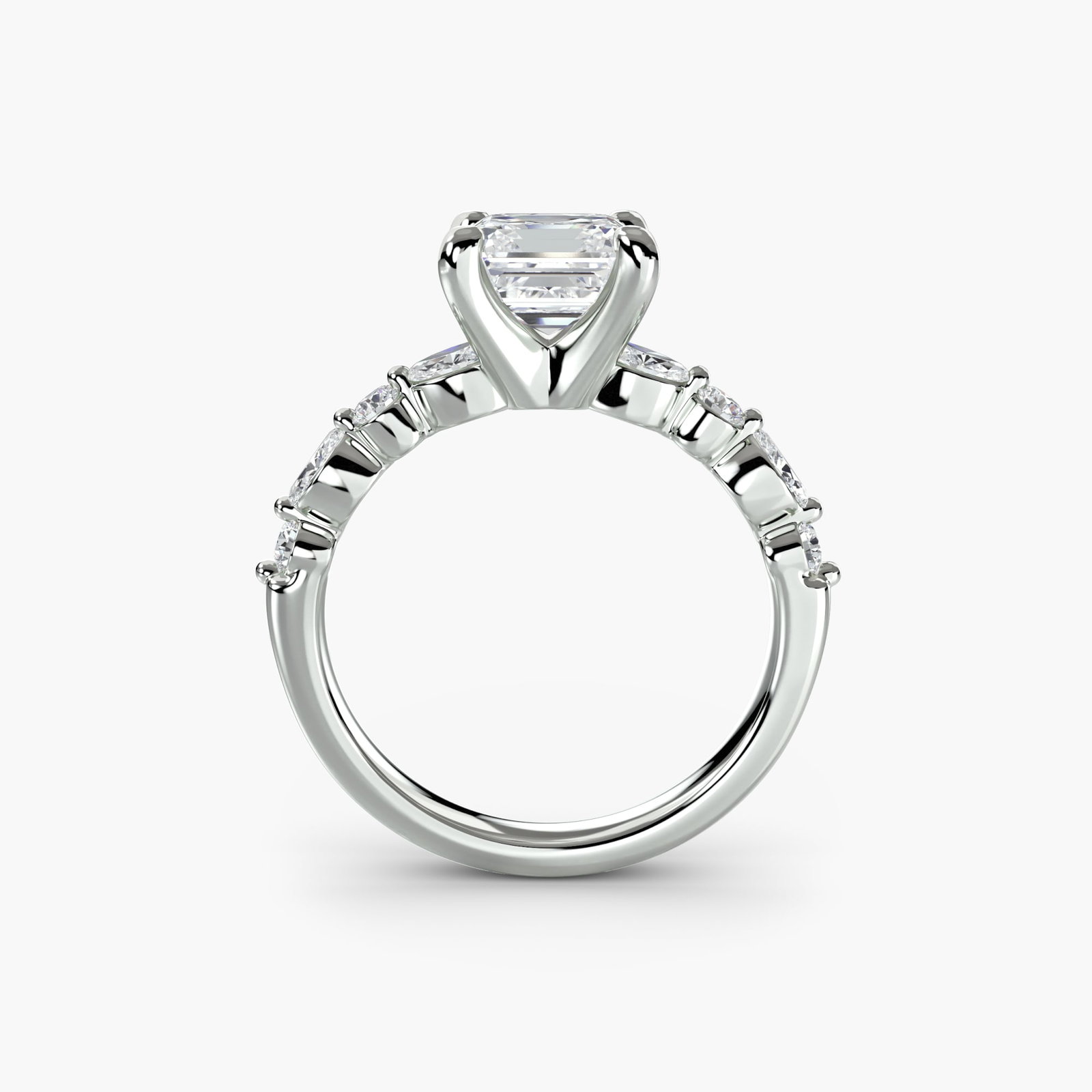Pave Asscher 950 Platinum Ring Setting: Pave Asscher 950 Platinum Ring Setting 950 Platinum Asscher Ring Setting with Pave Detailing. This stunning setting features eight side stones totaling 0.35 carats, adding a touch of elegance to the c