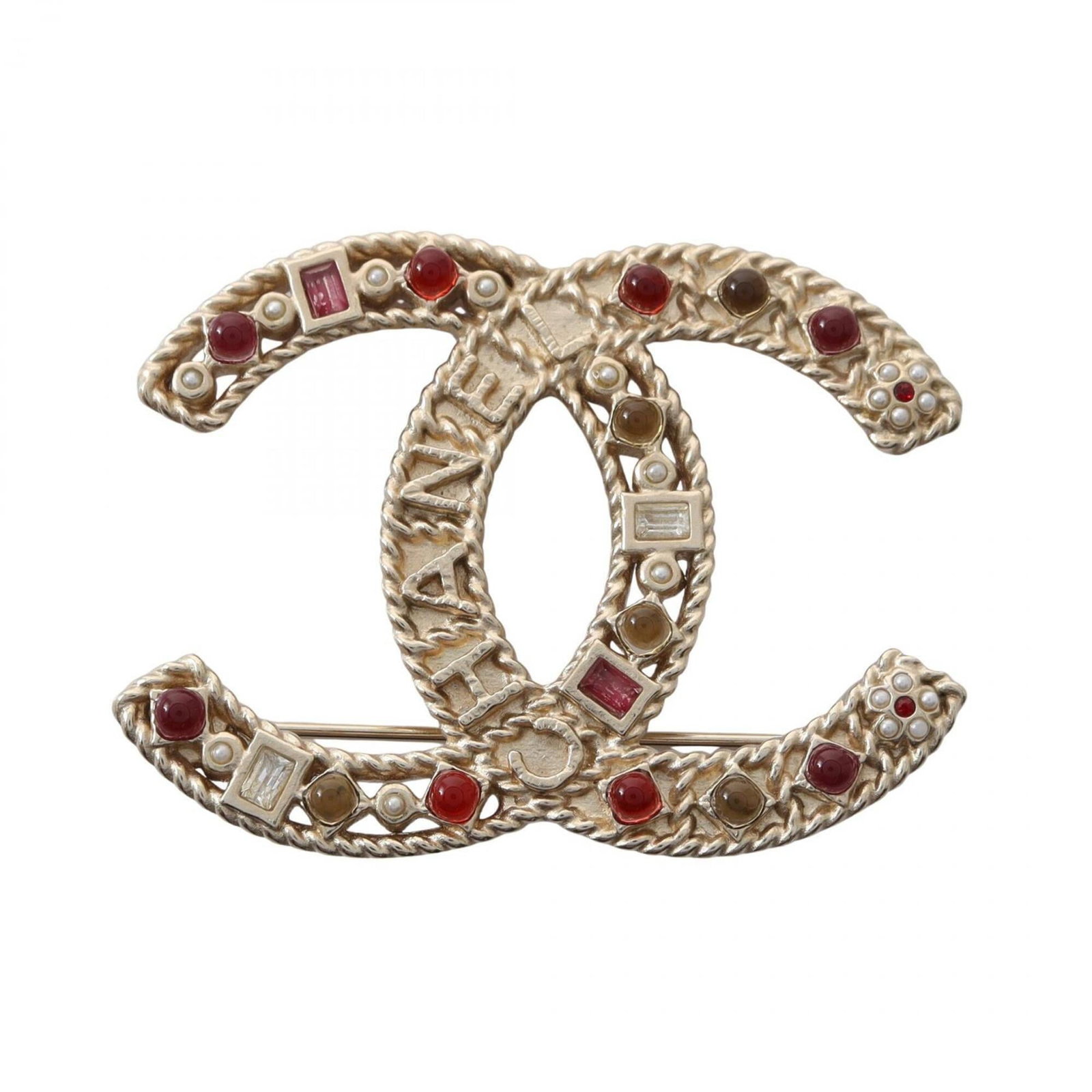 Artificial pearl gold plating rhinestone brooch by Chanel: Artificial pearl gold plating rhinestone brooch by Chanel Artificial pearl gold plating rhinestone brooch by Chanel features a luxurious gold finish and sparkling multi-color rhinestones, adding a tou