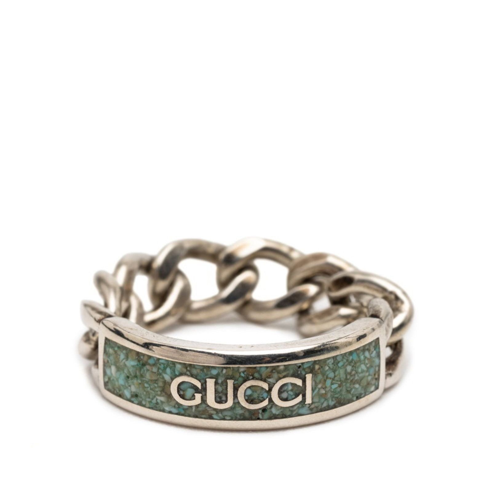 Silver Gucci Ring Band Enamel: Silver Gucci Ring Band Enamel Silver Gucci Ring Band Enamel features a light blue, silver enamel design with a 925 silver band. The ring bears traces of usage and has minor scratches/dirt, but
