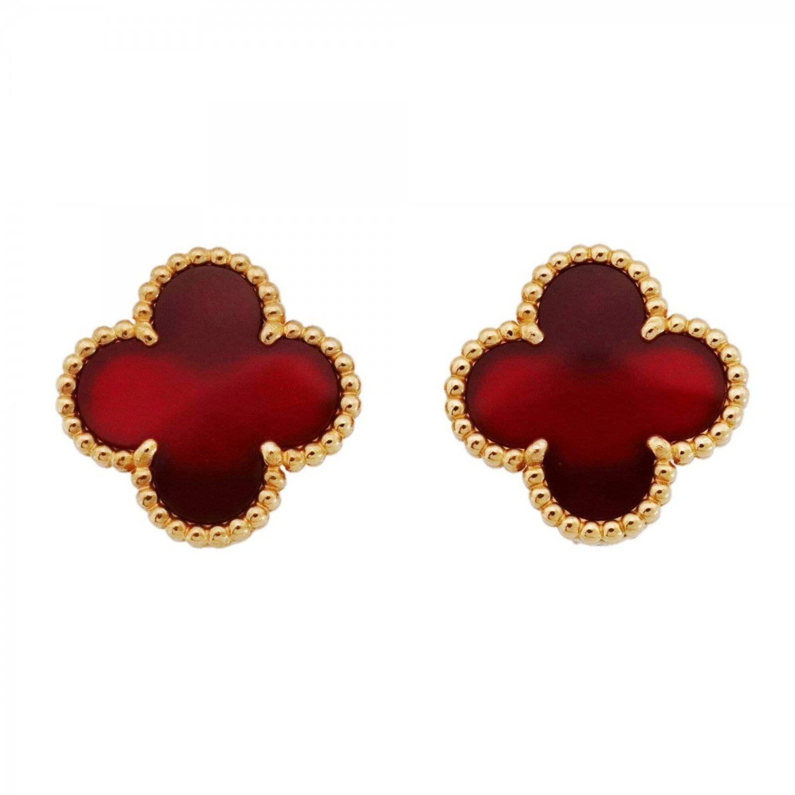 Van Cleef & Arpels Stud Earrings Yellow Gold (18K): Van Cleef & Arpels Stud Earrings Yellow Gold (18K) Stunning Van Cleef & Arpels stud earrings in 18K yellow gold, featuring a vibrant red carnelian stone. The intricate design showcases the brand's sig