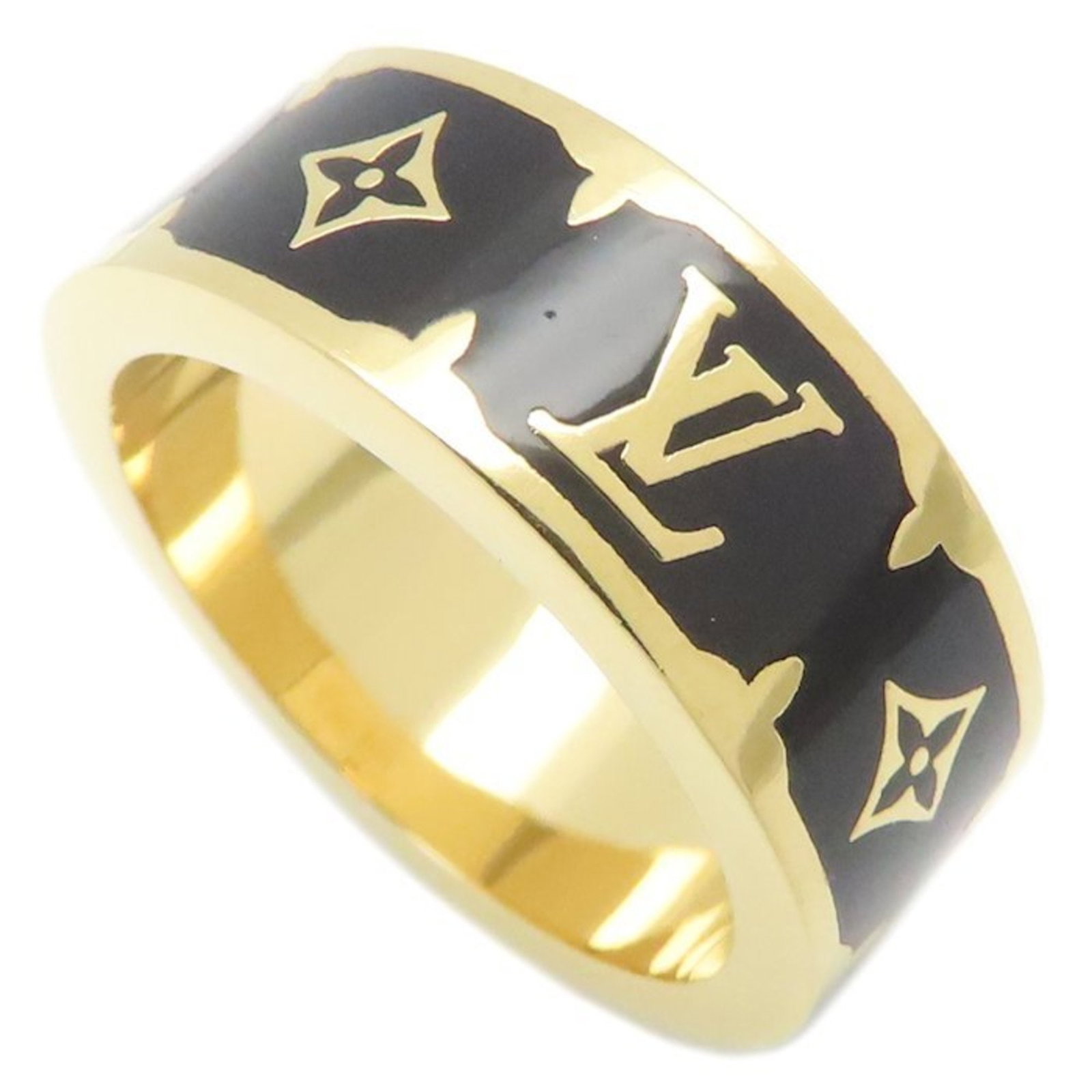 Louis Vuitton Band Ring Gold Plating: Louis Vuitton Band Ring Gold Plating Gold Plated Louis Vuitton Band Ring in Black and Gold, with Traces of Usage. The ring features gold plating material and a distinctive band design from the iconic 