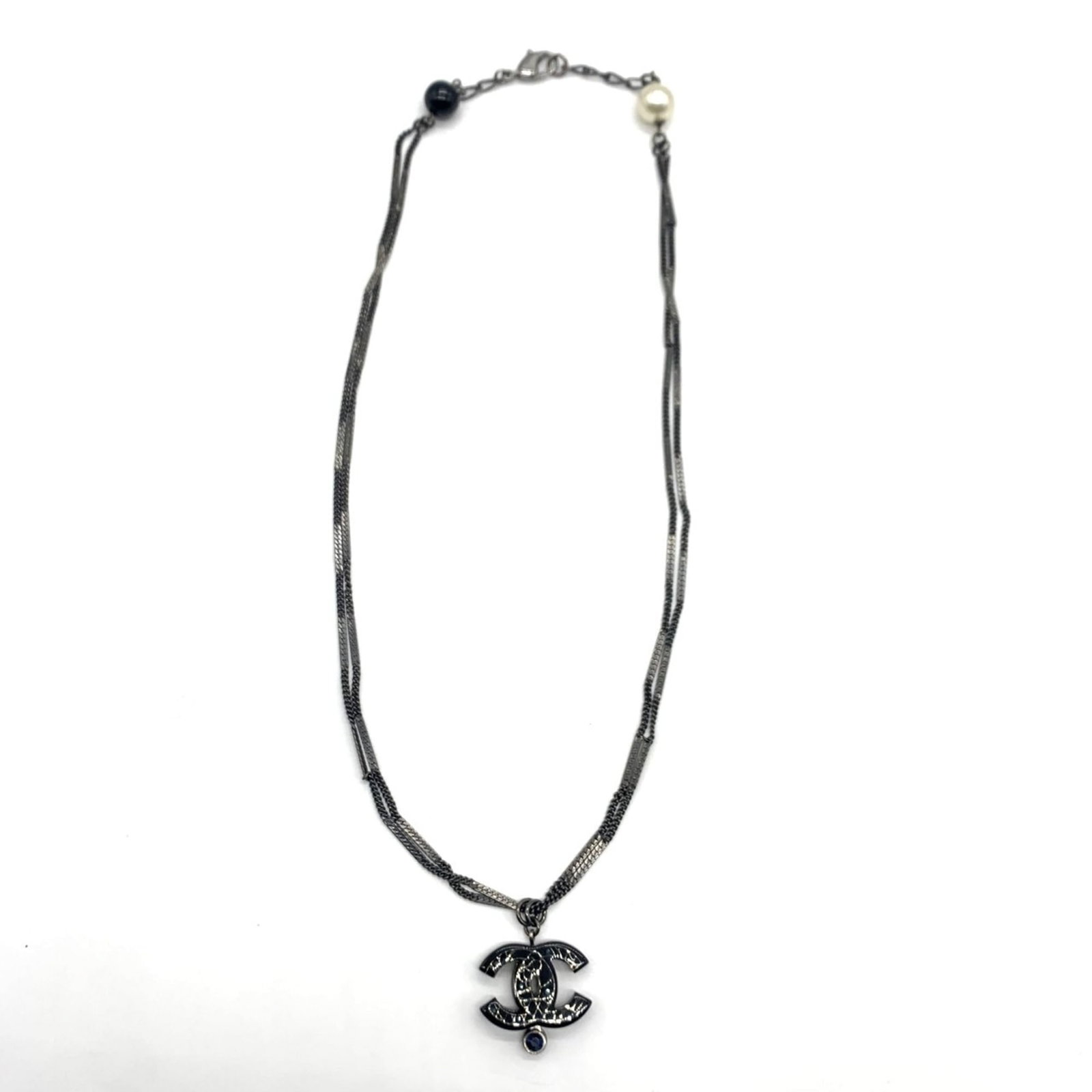 Chanel 2-Strand Necklace Coco Mark Fake Pearl Stone Black Gunmetal 06A Chanel A Rank (1 of 6)