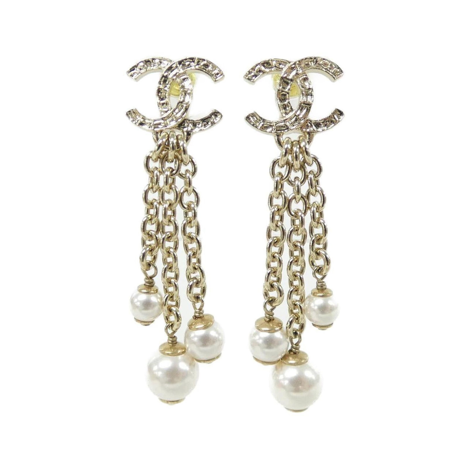 Chanel Stud Earrings: Chanel Stud Earrings Gold and white stud earrings from Chanel, featuring a classic design with a subtle touch of elegance. With a size of 51mm x 14mm, these earrings showcase the timeless style of the