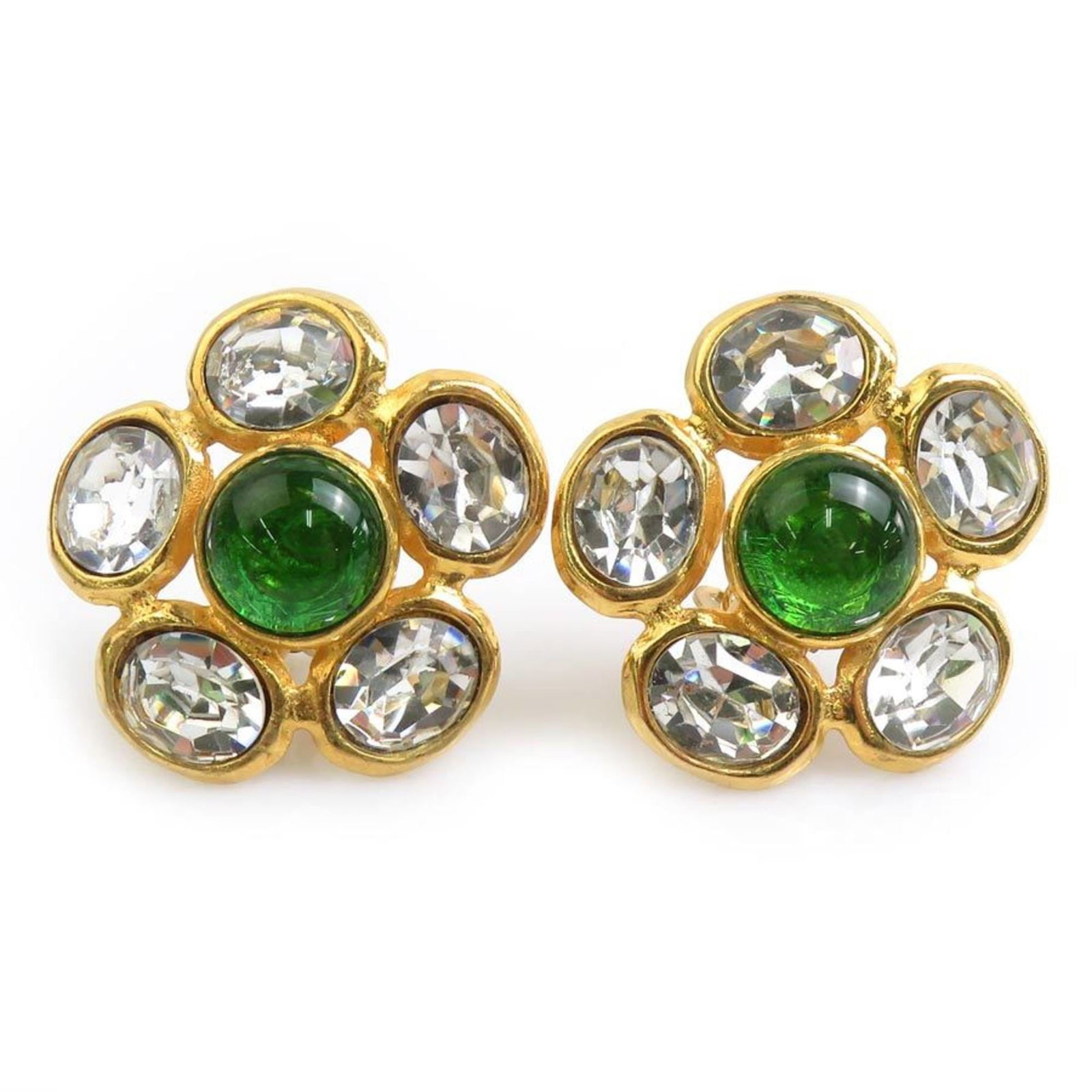 Chanel Clip Earrings Glass Metal Rhinestone: Chanel Clip Earrings Glass Metal Rhinestone Chanel Clip Earrings Glass Metal Rhinestone - A statement piece from the iconic fashion brand, featuring glass, metal, and rhinestone details in gold, green