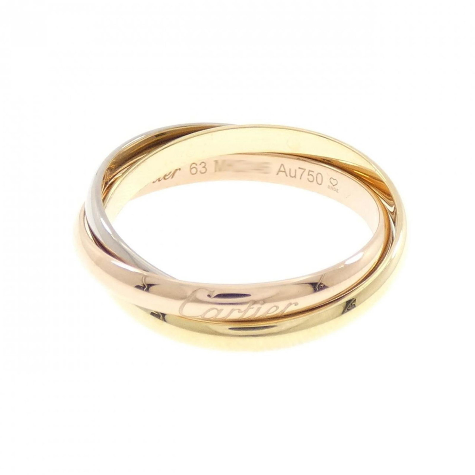 Trinity Cartier Ring: Trinity Cartier Ring Pink gold, white gold, and yellow gold come together in the iconic Trinity Cartier Ring. This beautiful piece features a few traces of usage, some scratches / dirt, but remains in
