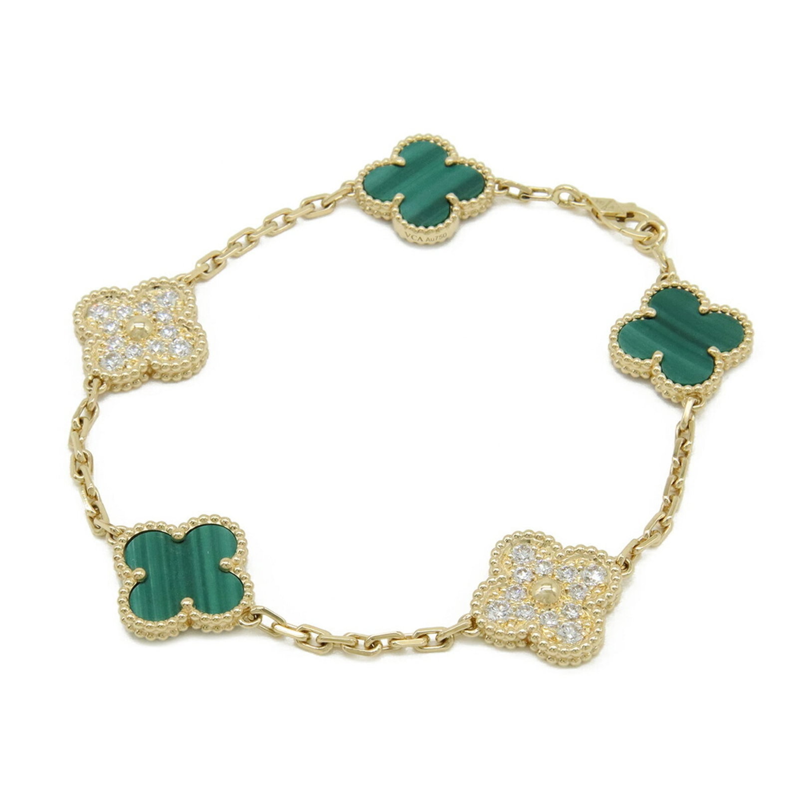 Arpels Van Cleef Charm Yellow Gold Bracelet: Arpels Van Cleef Charm Yellow Gold Bracelet Van Cleef & Arpels' iconic Charm bracelet in yellow gold features a vibrant green tone, adding a pop of color to any outfit. This pre-owned charm bracelet b