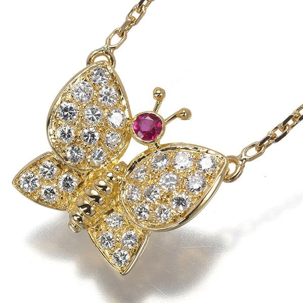 Arpels Van Cleef Necklace Papillon Diamond Butterfly Ruby 0.70Ct YG 18K: Arpels Van Cleef Necklace Papillon Diamond Butterfly Ruby 0.70Ct YG 18K Yellow Gold Arpels Van Cleef Necklace Papillon Diamond Butterfly Ruby 0.70Ct YG 18K features a natural ruby as the main stone,