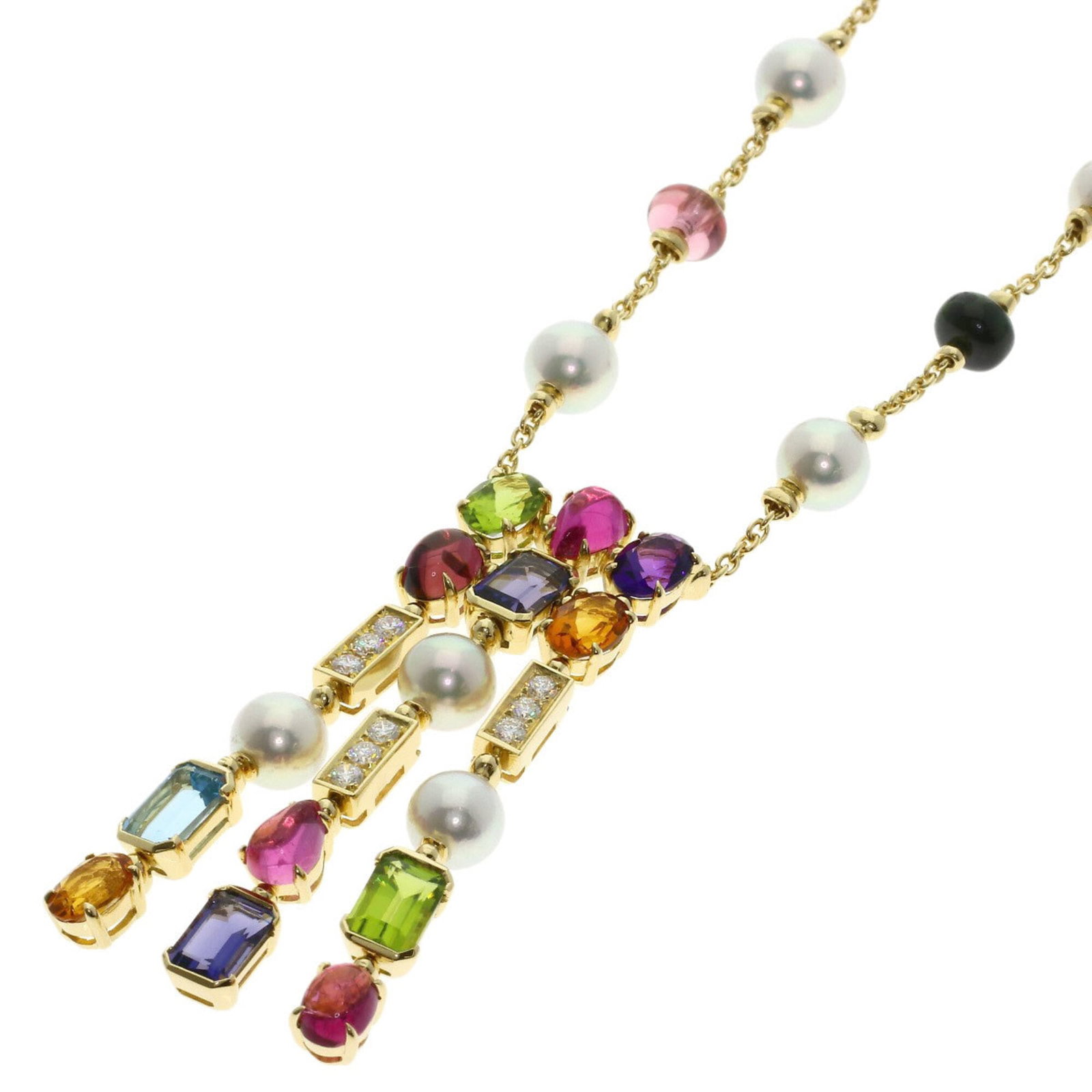 Women's Bulgari Pearl Necklace Yellow Gold Multi Stone 18K: Women's Bulgari Pearl Necklace Yellow Gold Multi Stone 18K Yellow Gold Multi Stone 18K Bulgari Pearl Necklace in Excellent Condition. This stunning necklace features a beautiful combination of yellow 