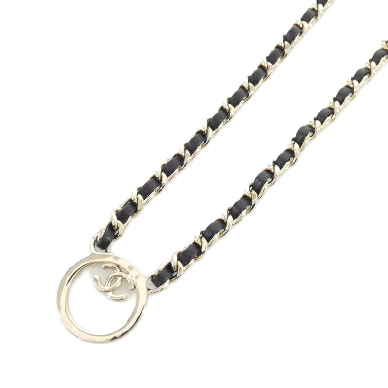 Abc576 Necklace By Chanel: Abc576 Necklace By Chanel Black lambskin necklace with gold accents, featuring a 24mm x 24mm pendant in a sleek design. This Chanel Abc576 Necklace is made from high-quality leather and has a