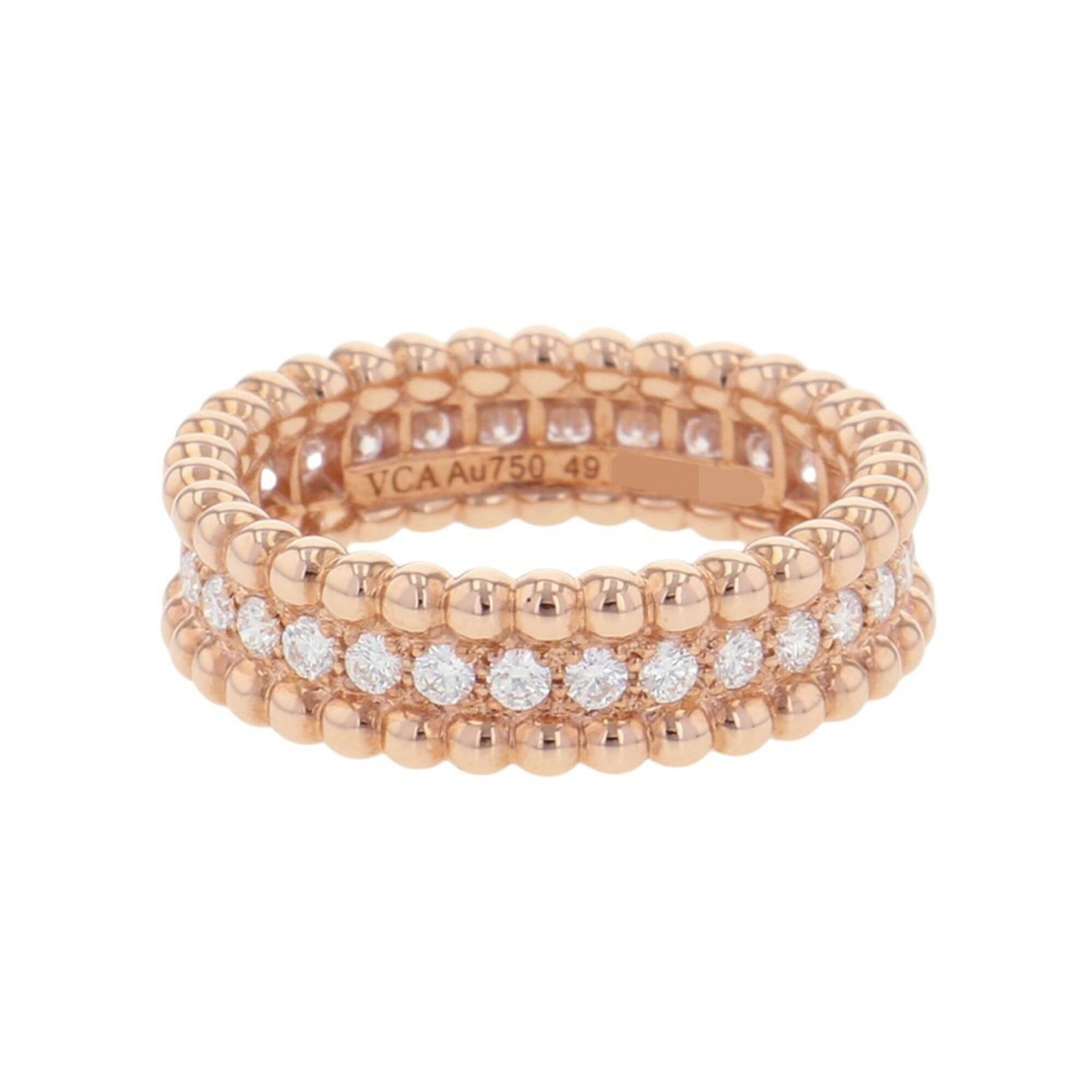 Pink Gold 18K Van Cleef Arpels Band Ring: Pink Gold 18K Van Cleef Arpels Band Ring Pink Gold 18K Van Cleef Arpels Band Ring features a stunning pink gold setting, adorned with a 0.49 carat diamond. This elegant band showcases the brand's sign