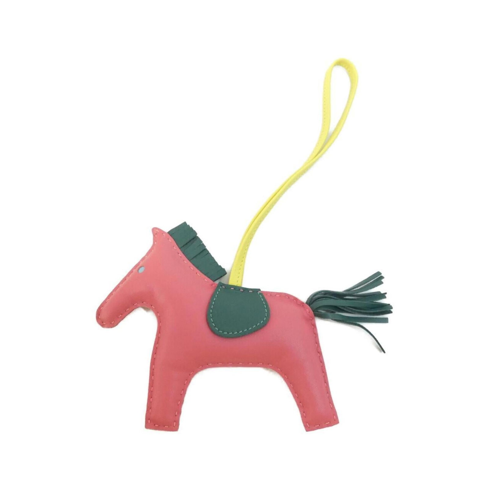 Hermes Handbag Charm Agneau Milo: Hermes Handbag Charm Agneau Milo Agneau Milo handbag charm from Hermes, featuring a vibrant lime color. This used charm boasts a chain length of 14.17 inches and measures approximately 4.13'' x