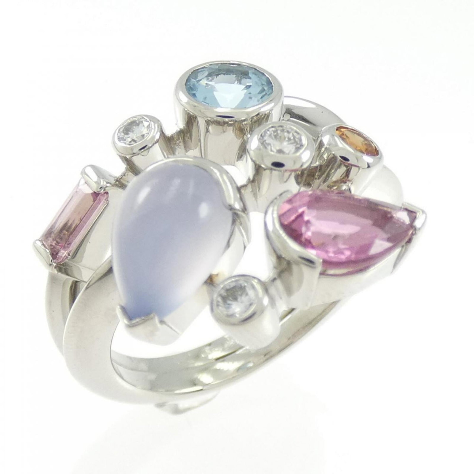 Ring Band by Platinum 950: Ring Band by Platinum 950 Platinum 950 band ring featuring an intricate setting of Aquamarine, Chalcedony, Diamond, Garnet, and Tourmaline stones. The Cartier design showcases a unique combination of