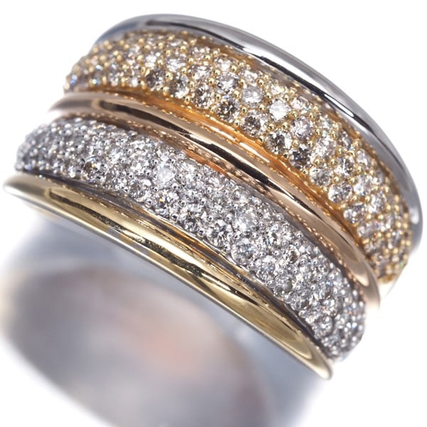Gstv Ring Diamond 0.90Ct 3Color Paved Us5.75-6 18K Yg/ Wg/ Rg: Gstv Ring Diamond 0.90Ct 3Color Paved Us5.75-6 18K Yg/ Wg/ Rg Multi-tone gold metal pave ring features a natural 0.90ct diamond, showcasing three distinct colors in a unique 3-color pave design. The