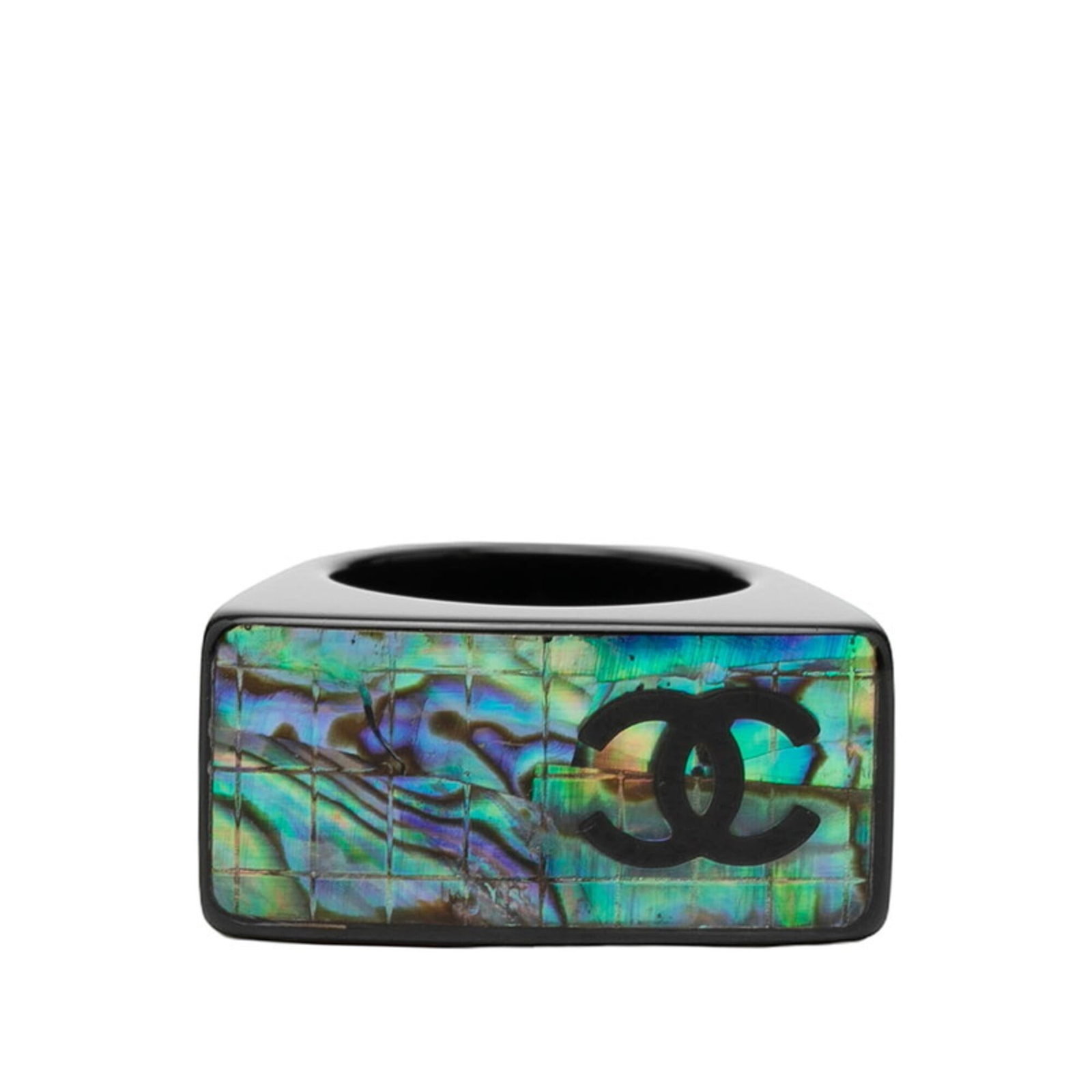 Ring Plastic Chanel Band: Ring Plastic Chanel Band This used Chanel band ring features a sleek black plastic design, available in blue as well. With some signs of wear and tear, the item remains in good condition despite