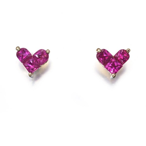 Ruby 0.20Ct/ 0.20Ct Heart Earrings 18K 750 Yellow Gold: Ruby 0.20Ct/ 0.20Ct Heart Earrings 18K 750 Yellow Gold Yellow gold earrings feature two natural ruby stones, each measuring 0.20 carats, set in an 18k 750 yellow gold stud design. The earrings showcas