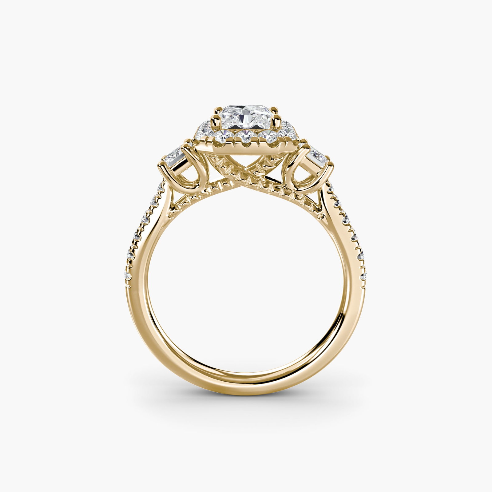 Halo Radiant 18Kt Yellow Gold Ring Setting: Halo Radiant 18Kt Yellow Gold Ring Setting Radiant 18Kt Yellow Gold Ring Setting - A stunning halo ring featuring 30 side stones totaling 0.706 carats, set in a radiant cut metal with a width of