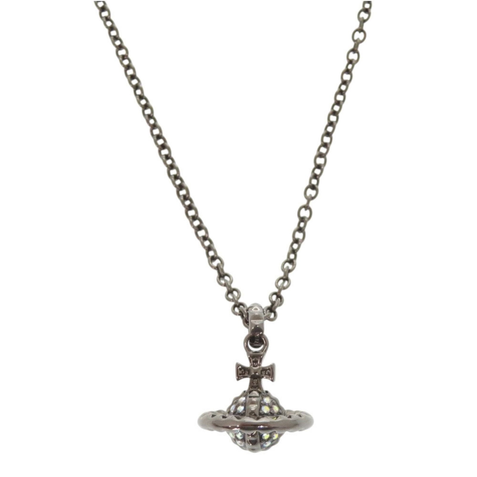Vivienne Westwood Orb Metal Rhinestone Gunmetal Necklace Like New: Vivienne Westwood Orb Metal Rhinestone Gunmetal Necklace Like New Vivienne Westwood's Orb Metal Rhinestone Gunmetal Necklace boasts a striking design with intricate metalwork and sparkling