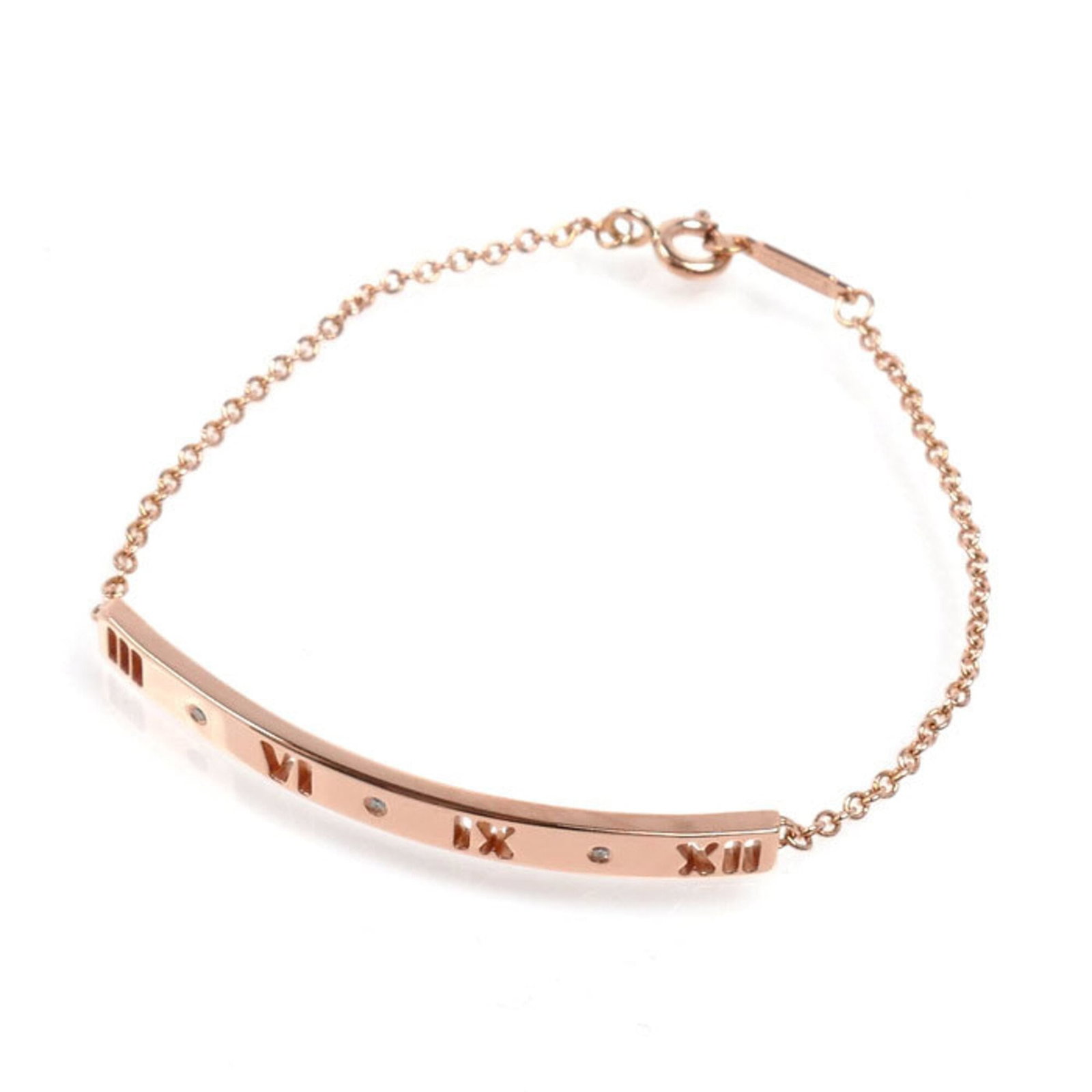 Pink Gold 18K Tiffany Charm Bracelet: Pink Gold 18K Tiffany Charm Bracelet Pink Gold 18K Tiffany Charm Bracelet, featuring a delicate pink gold chain and adorned with diamonds. The bracelet measures 15.5cm in length and bears traces of us
