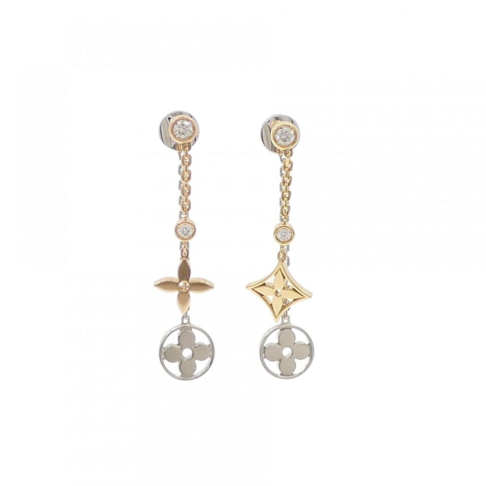 Pink gold Yellow gold White gold 18k Louis Vuitton: Pink gold Yellow gold White gold 18k Louis Vuitton Pink gold, white gold, and yellow gold come together in these stunning 18k Louis Vuitton drop earrings, featuring diamonds that add a touch of luxury