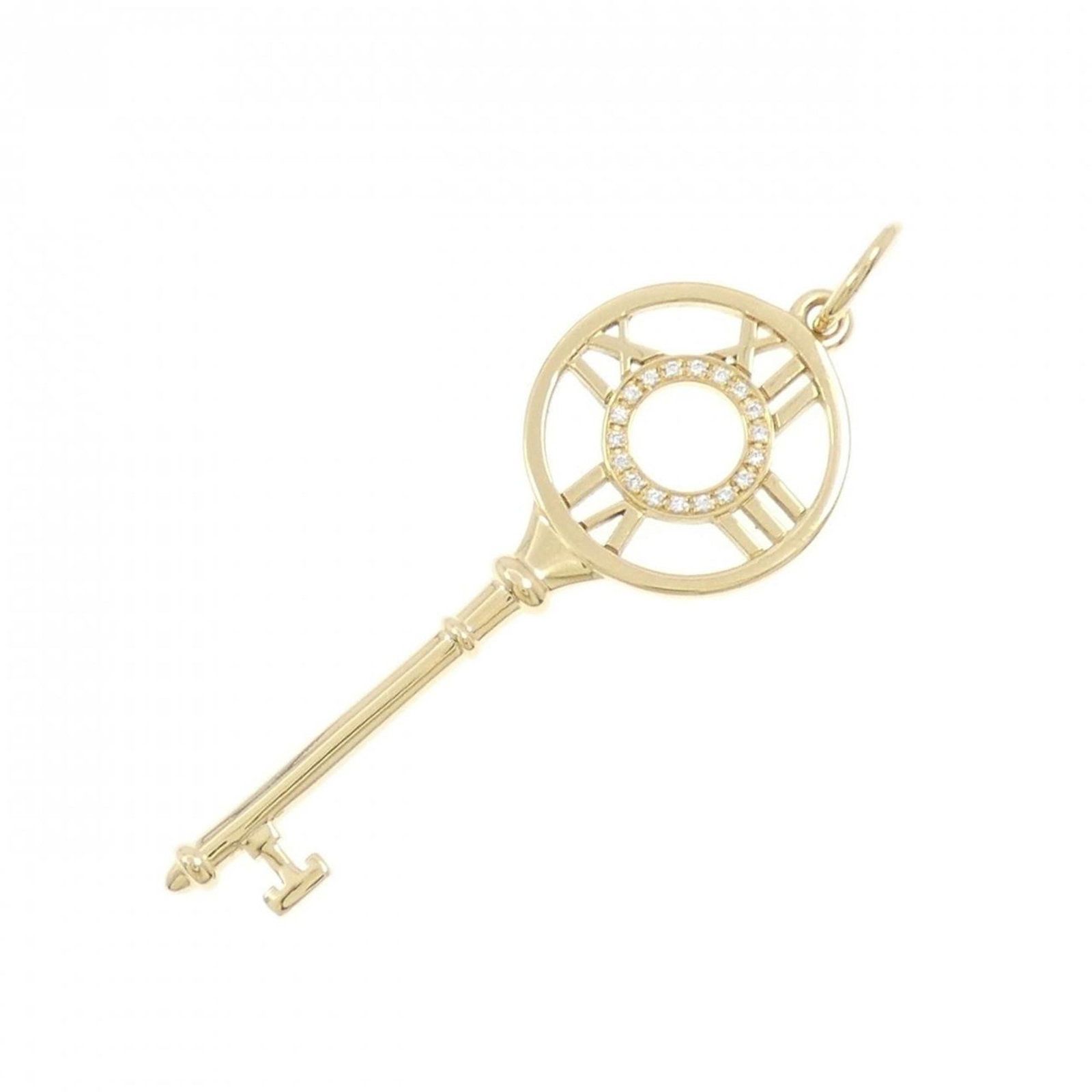 Key Atlas Pendant by Tiffany: Key Atlas Pendant by Tiffany Yellow gold (18K) pendant featuring a diamond, measuring 49.2mm x 16.4mm, crafted by Tiffany. The pendant has some scratches and dirt, but remains in very good condition. 
