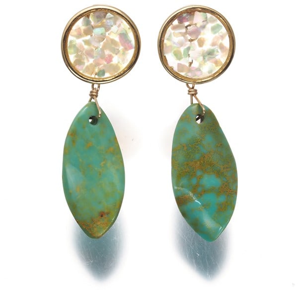 Turquoise Earrings Mother Pearl Charm 10K YG Resin Agete: Turquoise Earrings Mother Pearl Charm 10K YG Resin Agete Yellow Gold Turquoise Earrings with Mother Pearl Charm, featuring natural turquoise as the main stone and set in 10k yellow gold metal. The ear