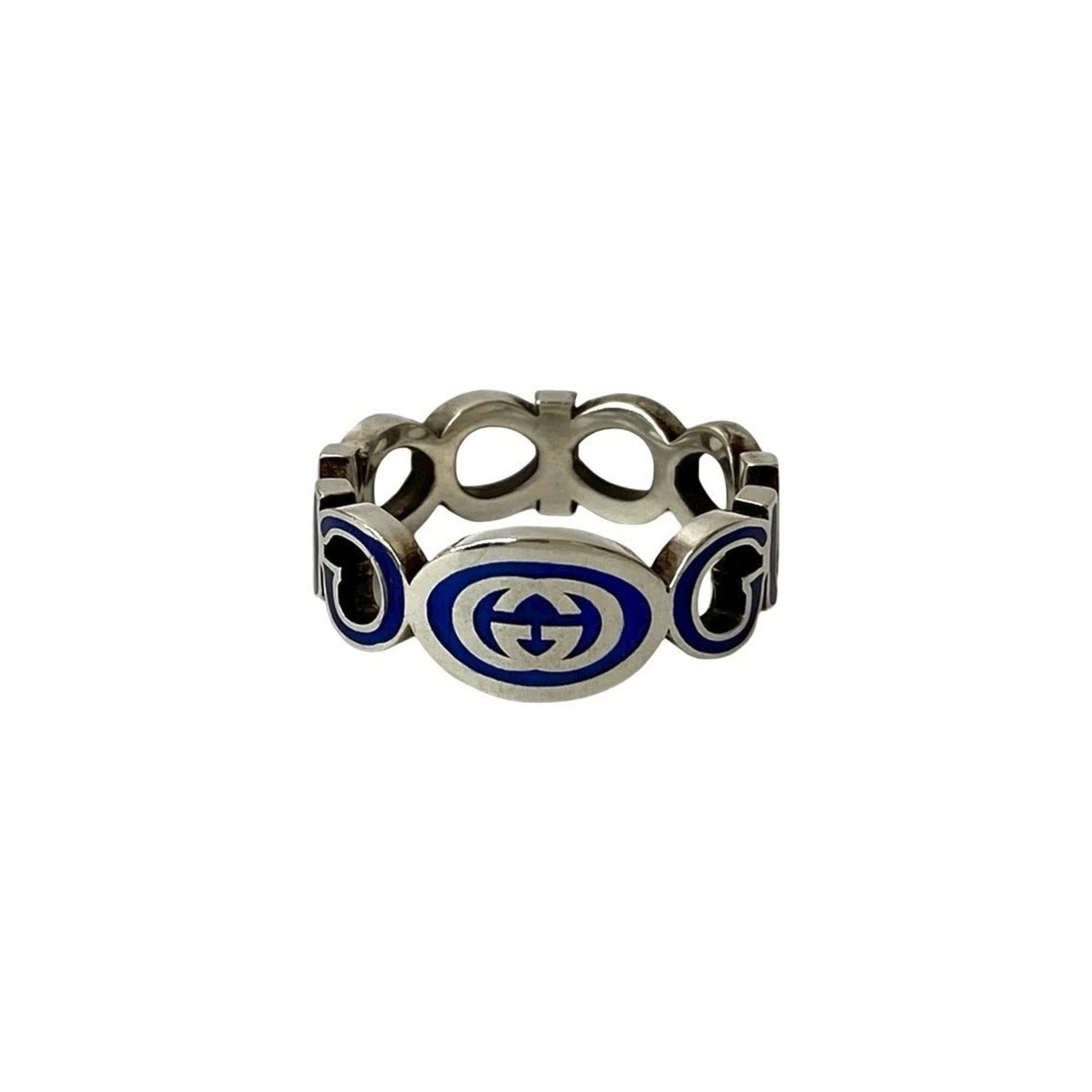 Gucci ring band silver 925: Gucci ring band silver 925 Silver 925 band ring from Gucci, available in blue. This used item shows traces of usage with minor scratches and dirt, but remains in good condition. Item Specifics: