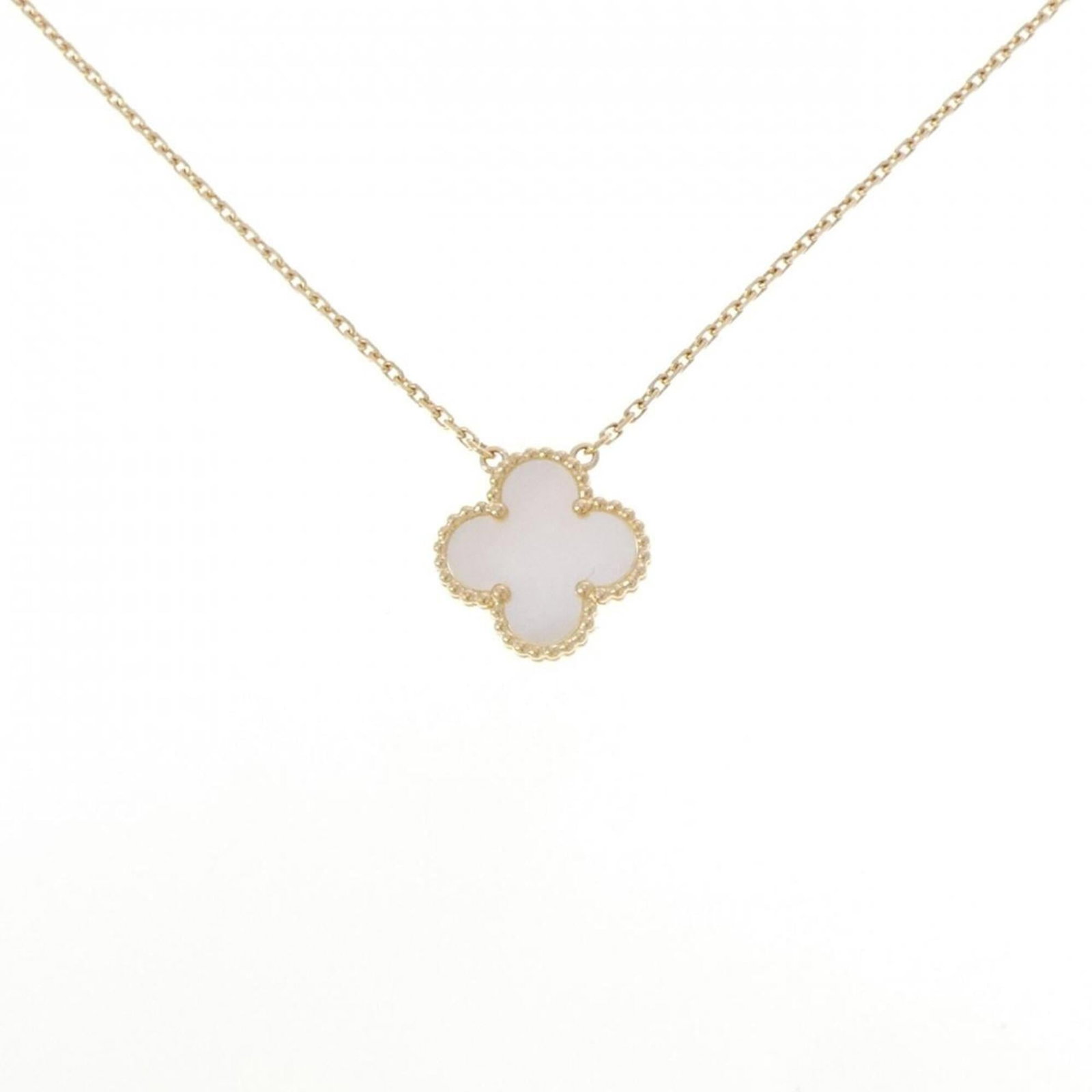 Vintage Alhambra Van Cleef Necklace: Vintage Alhambra Van Cleef Necklace Yellow gold (18K) pendant adorned with mother of pearl, set in a classic Van Cleef & Arpels necklace. The delicate design features a 14.6mm x 14.6mm mother of pearl