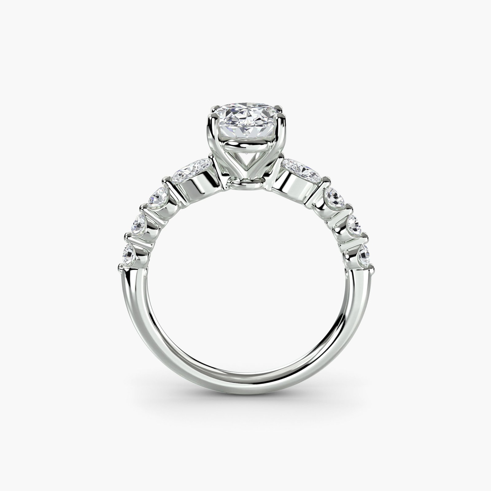 Pave Oval 950 Platinum Ring Setting: Pave Oval 950 Platinum Ring Setting 950 Platinum Oval Ring Setting with Pave Design, featuring 8 side stones totaling 0.29 carats in EF/VS lab-grown color and clarity, available for customization